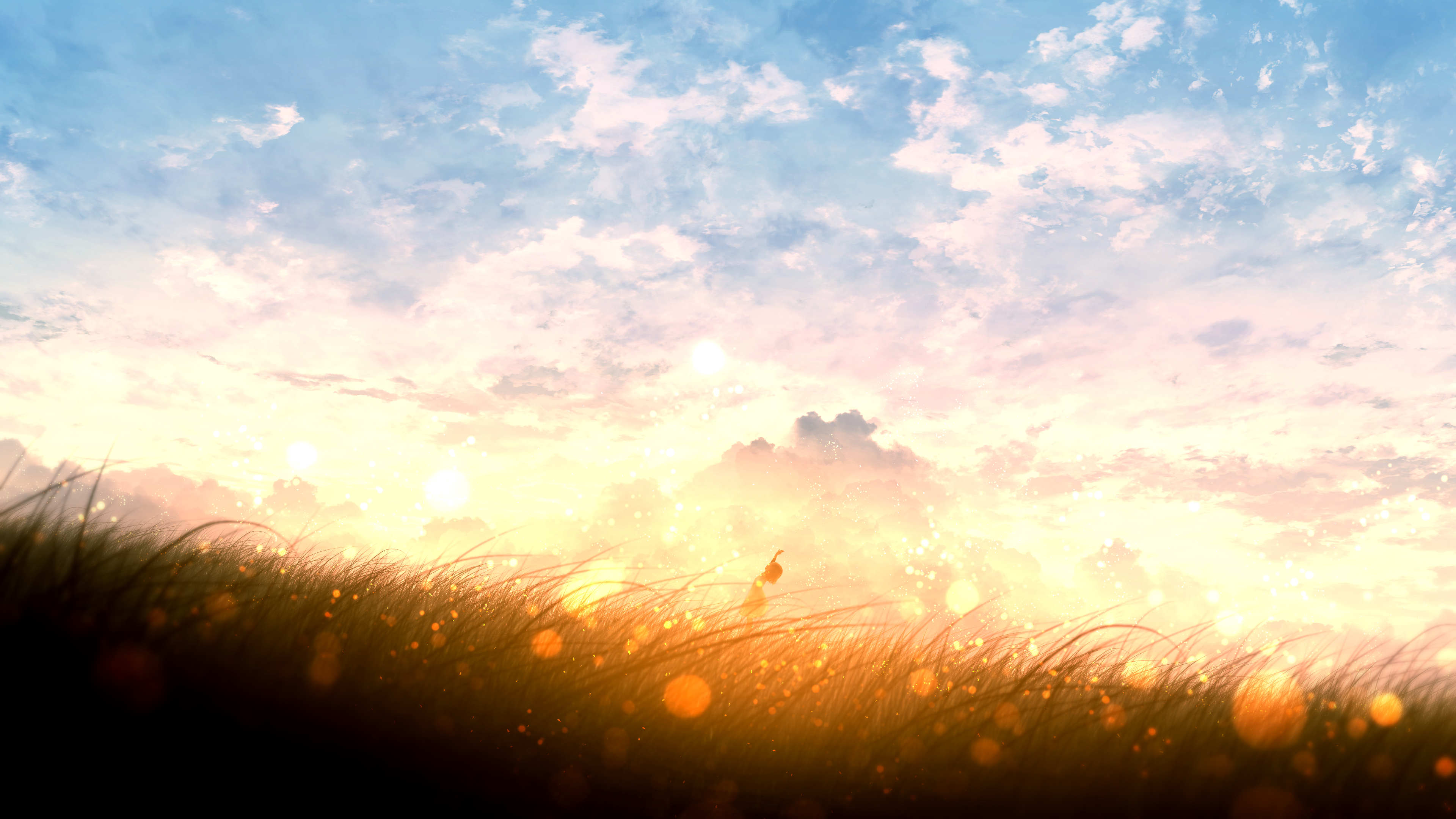 Anime 3840x2160 digital art clouds sunset field sky grass artwork furi (Artist) drawing digital painting