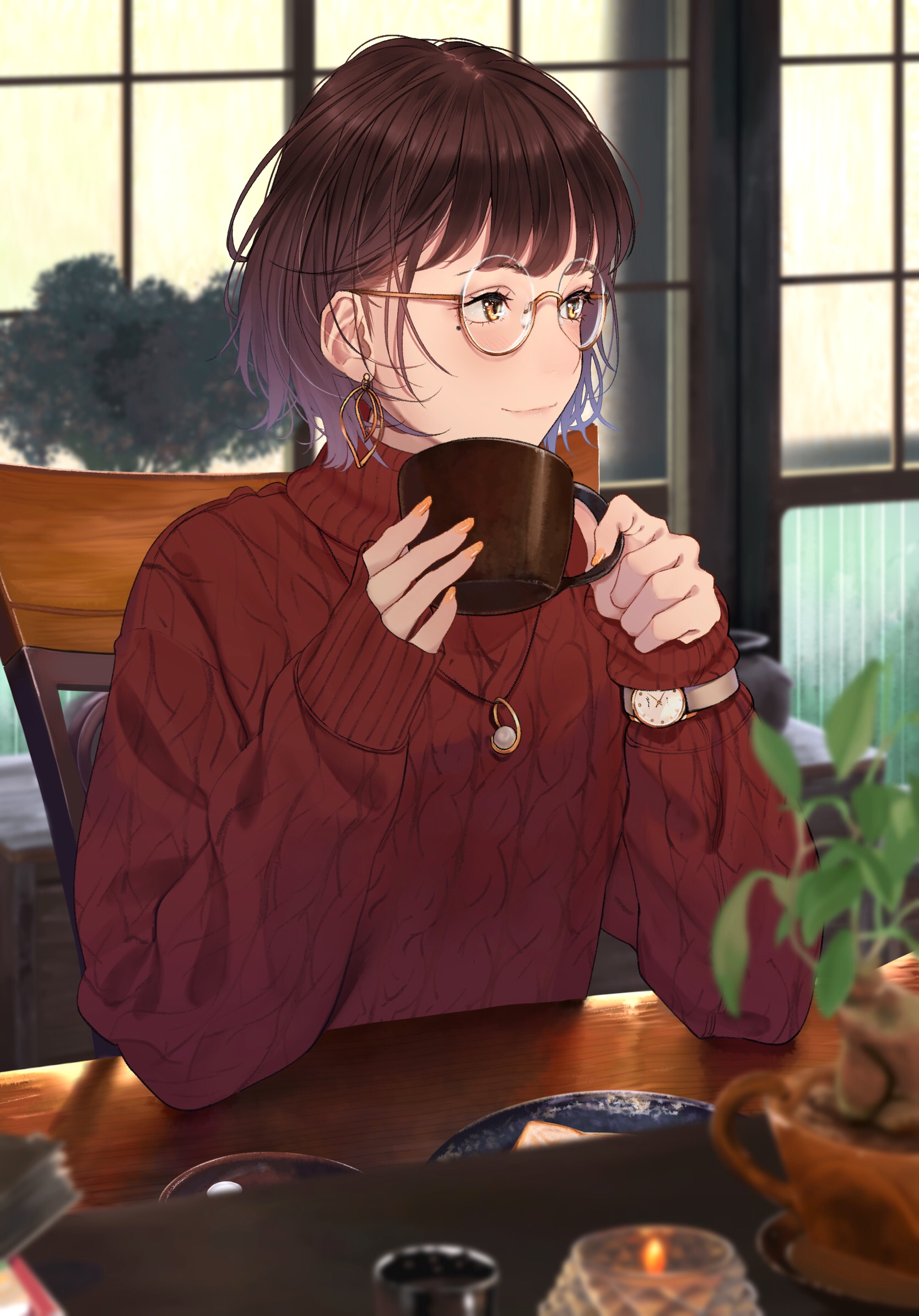 Anime 1668x2388 anime girls portrait display original characters Saitou brunette short hair brown eyes glasses sweater cup meganekko red sweater 2D