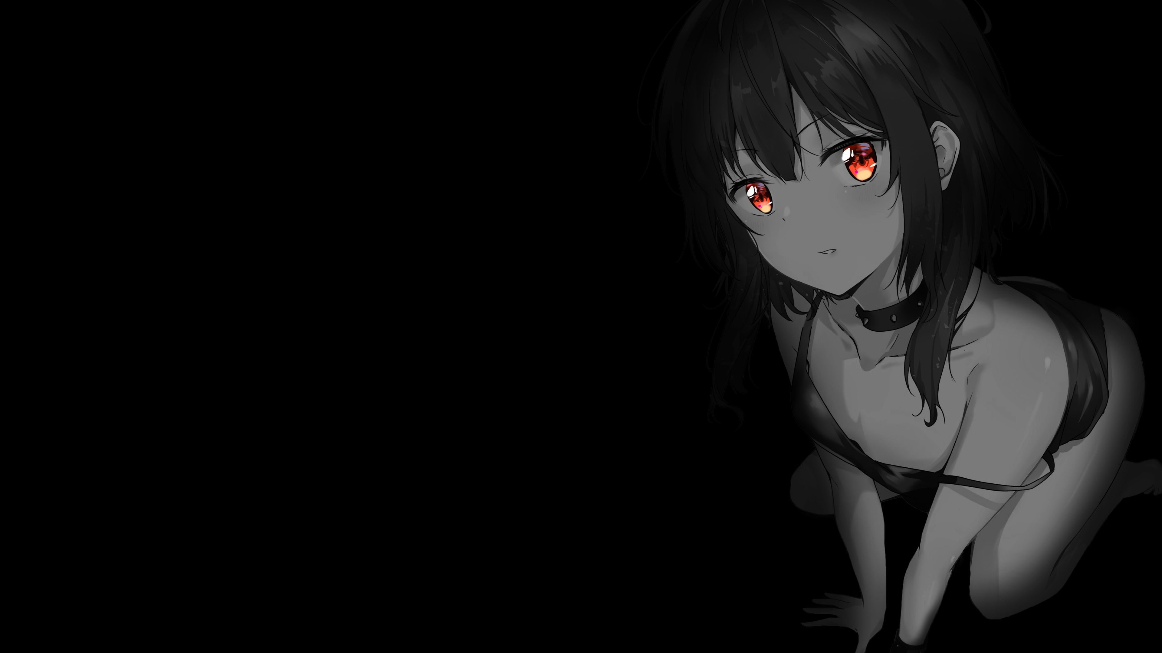 Anime 3840x2160 anime anime girls simple background black background red eyes selective coloring bent over looking at viewer dark