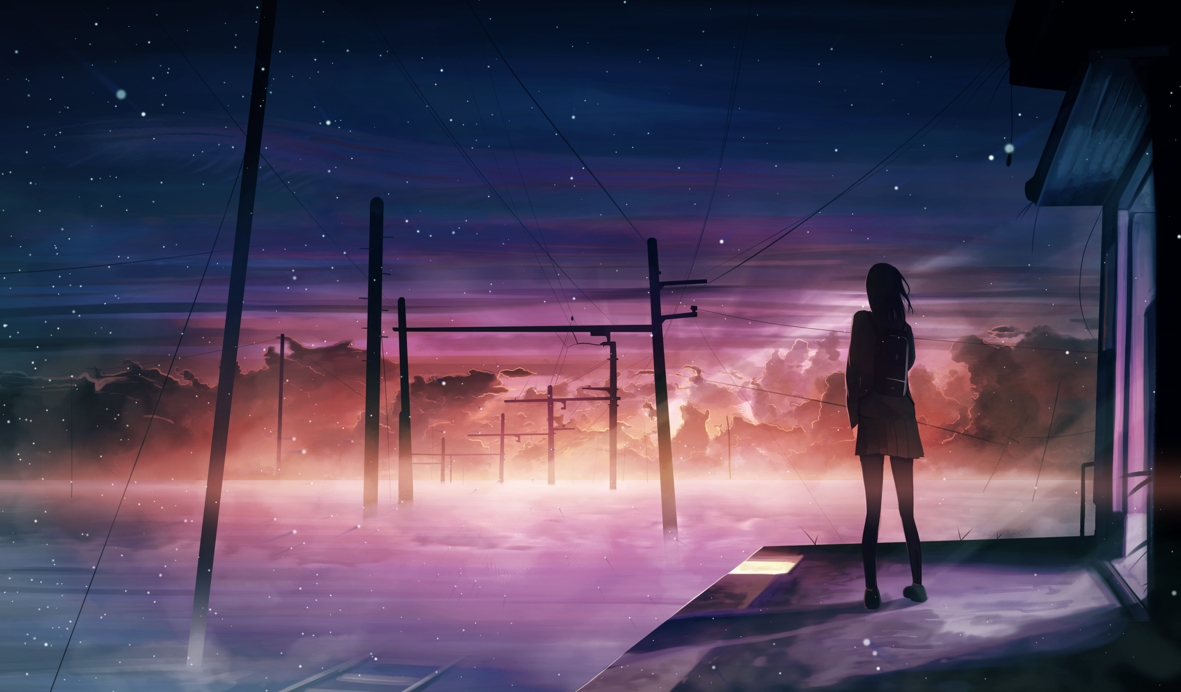 Anime 3840x2251 anime girls Banishment sky clouds utility pole sunset