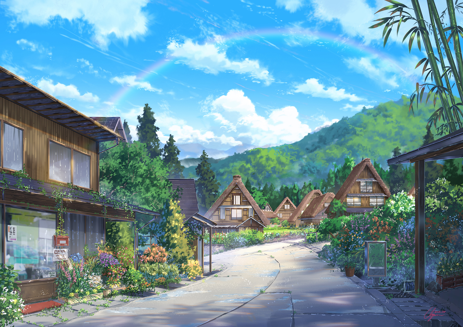 Anime 1920x1357 landscape artwork anime street sky house