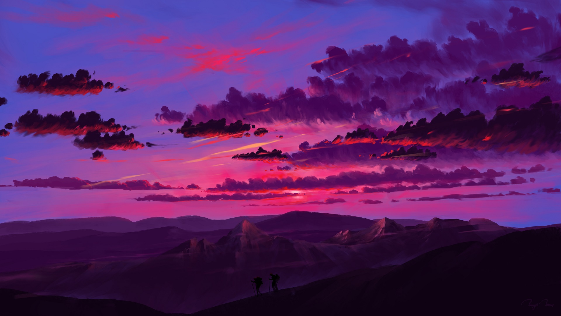 General 1920x1080 digital painting landscape mountains sunset sky clouds BisBiswas