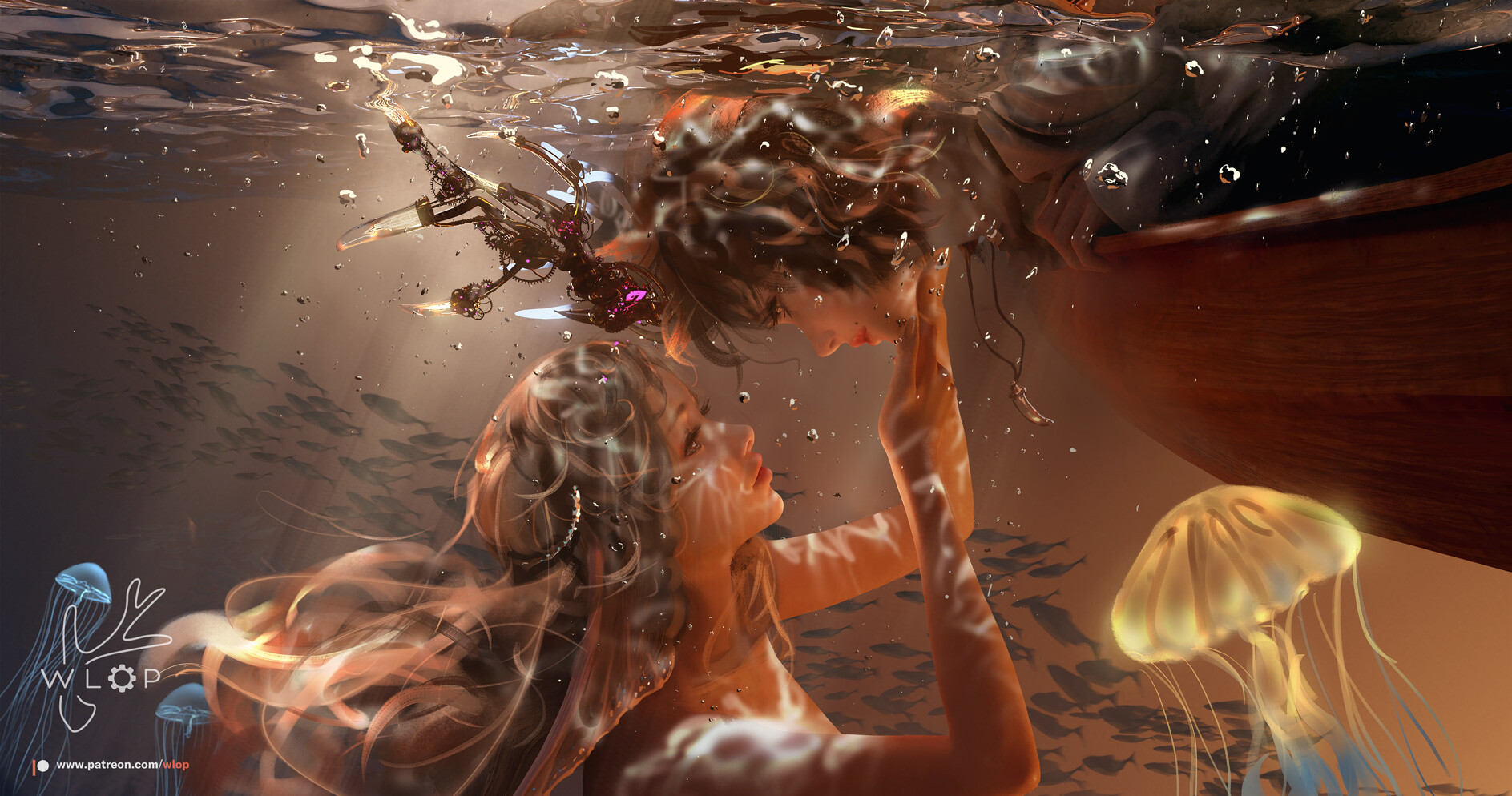 General 1887x994 WLOP women two women digital art ArtStation fantasy art fantasy girl underwater artwork
