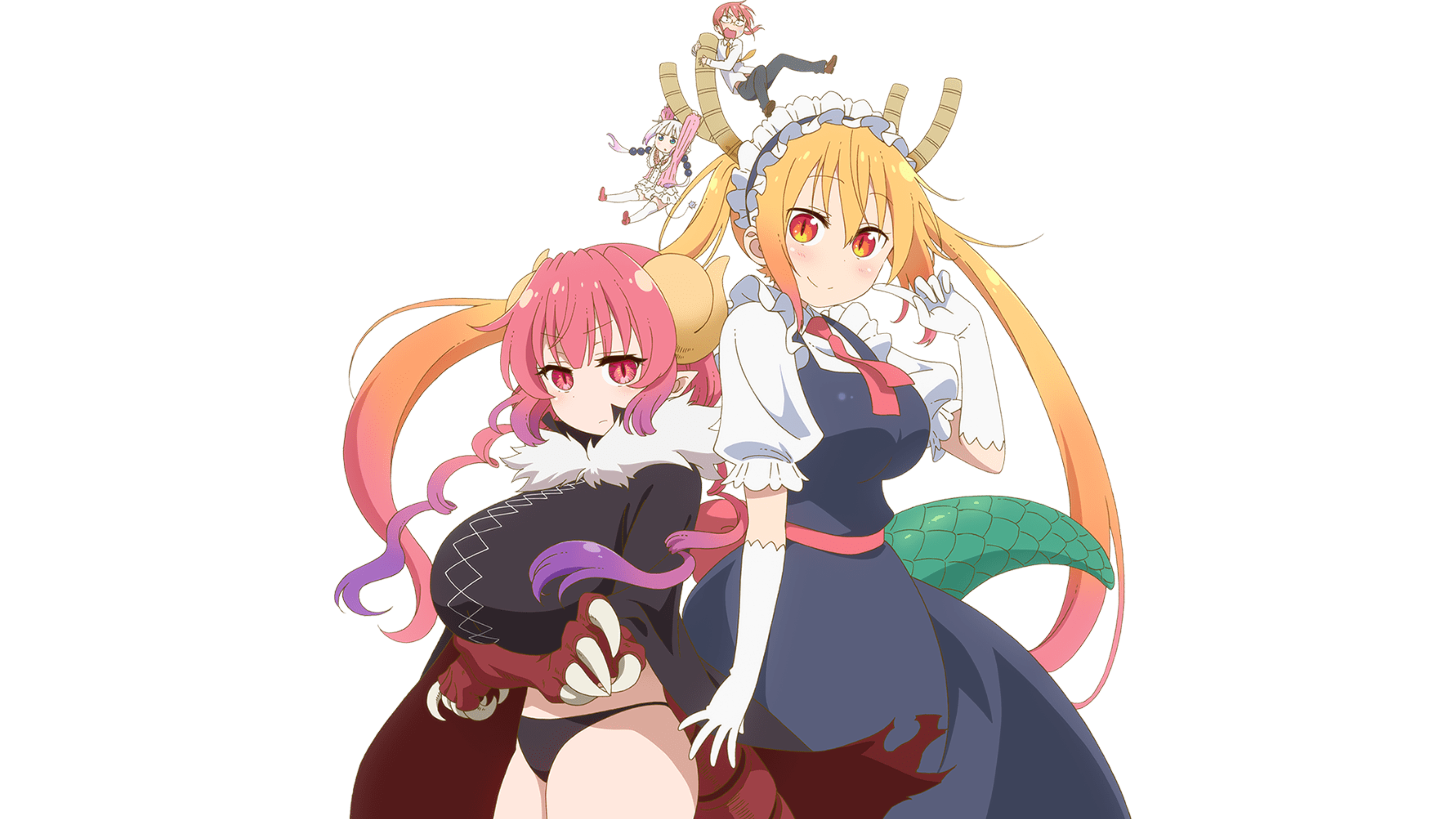 Anime 4000x2250 anime anime girls Tohru (Kobayashi-san Chi no Maid Dragon) Kobayashi-san Chi no Maid Dragon 2D drawing digital art blonde twintails long hair brown eyes maid horns maid outfit dragon girl redhead glasses simple background white background tail red tie Kobayashi (Kobayashi-san Chi no Maid Dragon) Kanna Kamui (Kobayashi-san Chi no Maid Dragon) black panties