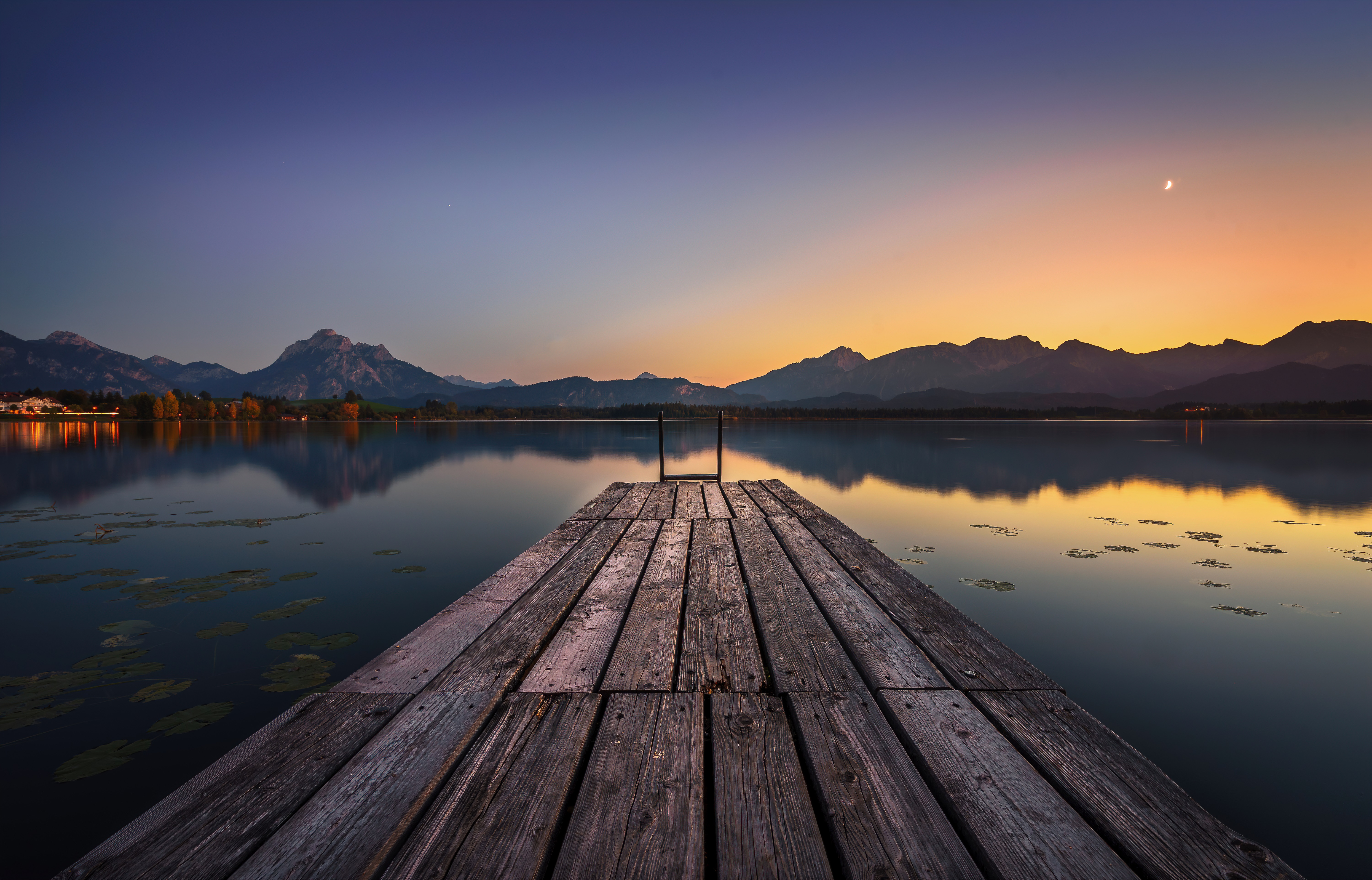 General 6000x3851 Timo Gebel sunset mountains trees water pier water lilies nature outdoors photography reflection crescent moon lights landscape Säuling Hopfensee ladder