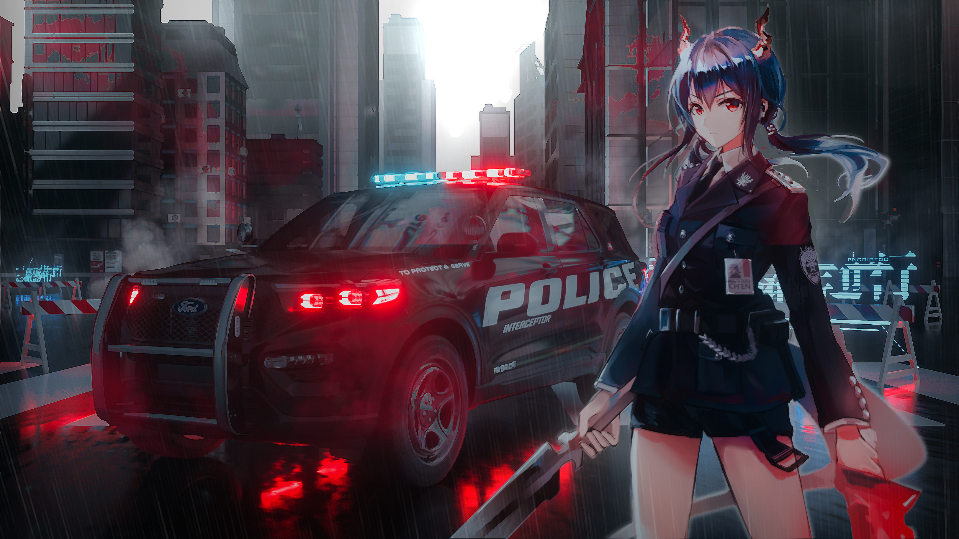 Anime 3250x1828 anime anime girls Arknights Seymour police cars Chen (Arknights) standing red eyes women with cars Pixiv black cars looking at viewer blue hair