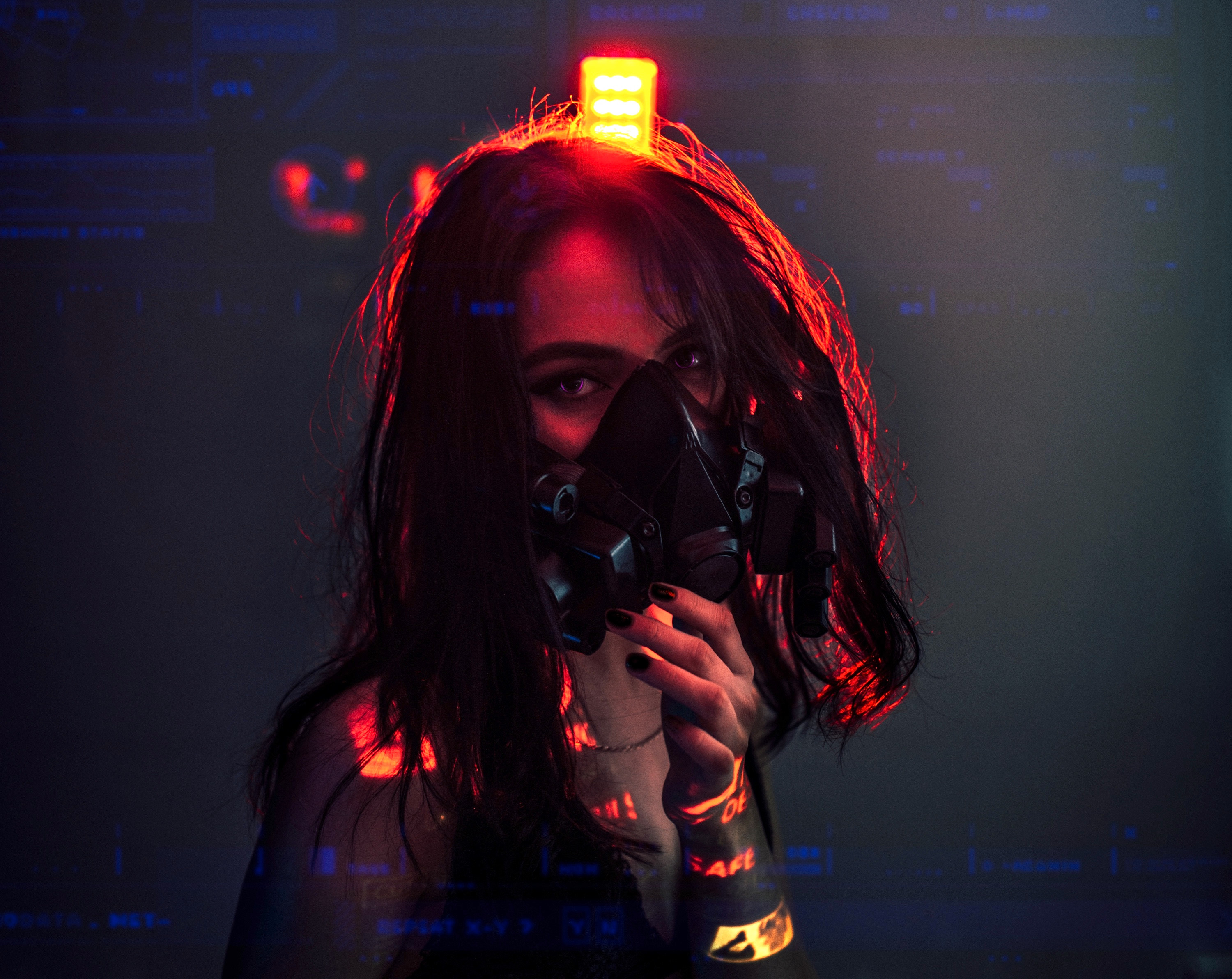 General 3000x2385 Vadim Sadovski cyborg mask looking away red light women dark hair digital art fan art cyberpunk artwork ArtStation