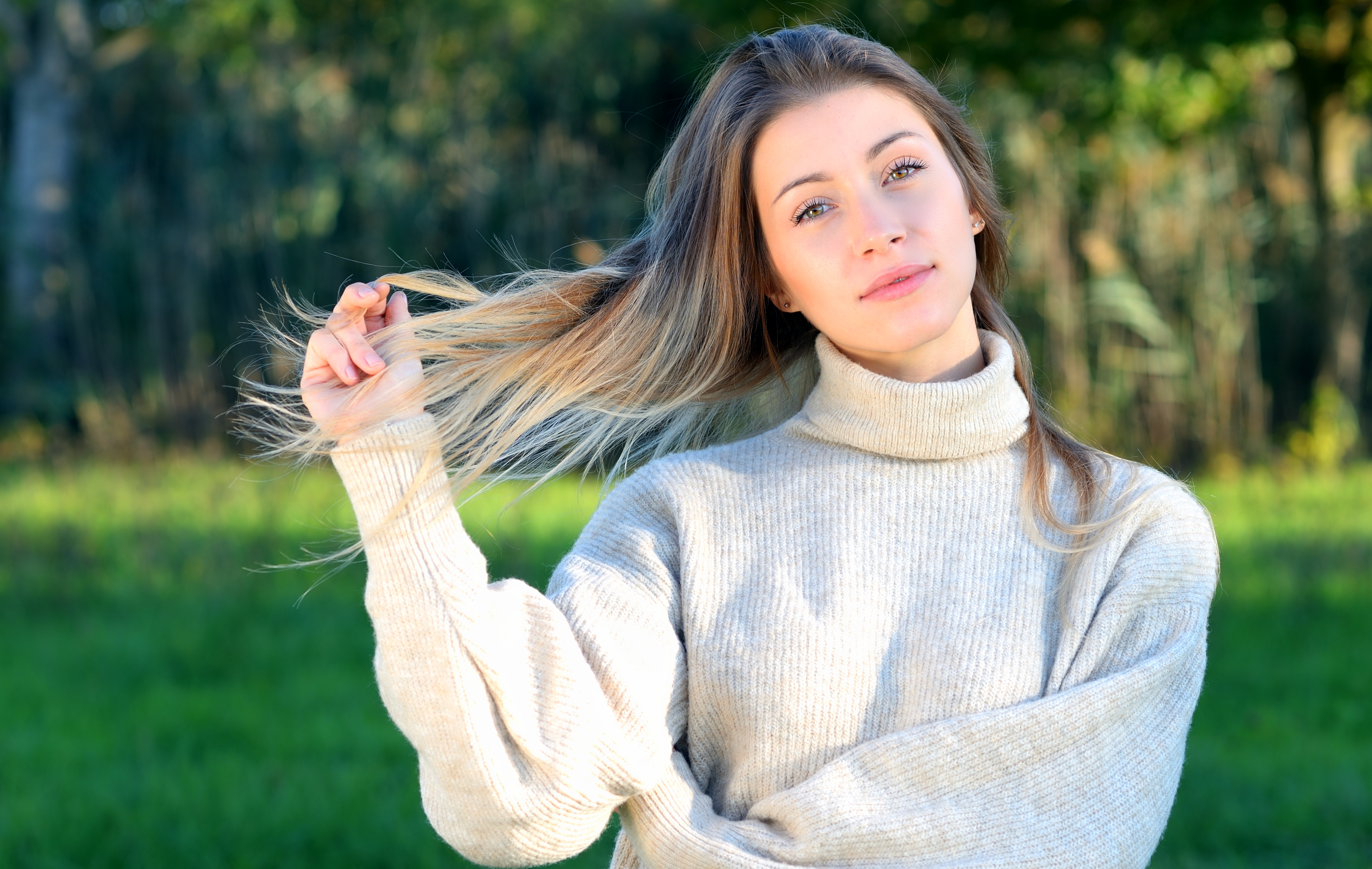 People 4739x3004 model women brunette gray eyes sweater mouth lips lipstick touching hair depth of field looking at viewer portrait holding hair turtlenecks white sweater women outdoors pink lipstick ombre hair one arm up young women