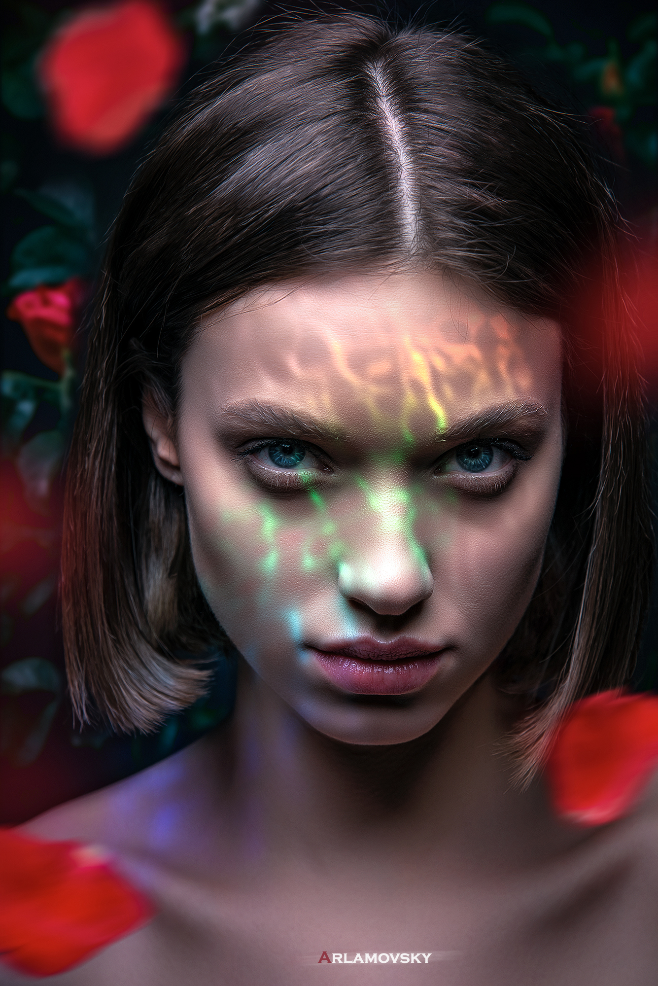People 1335x2000 arlamovsky photoshopped photography portrait face light effects blue eyes women women outdoors brunette retouching petals forest portrait display watermarked closeup