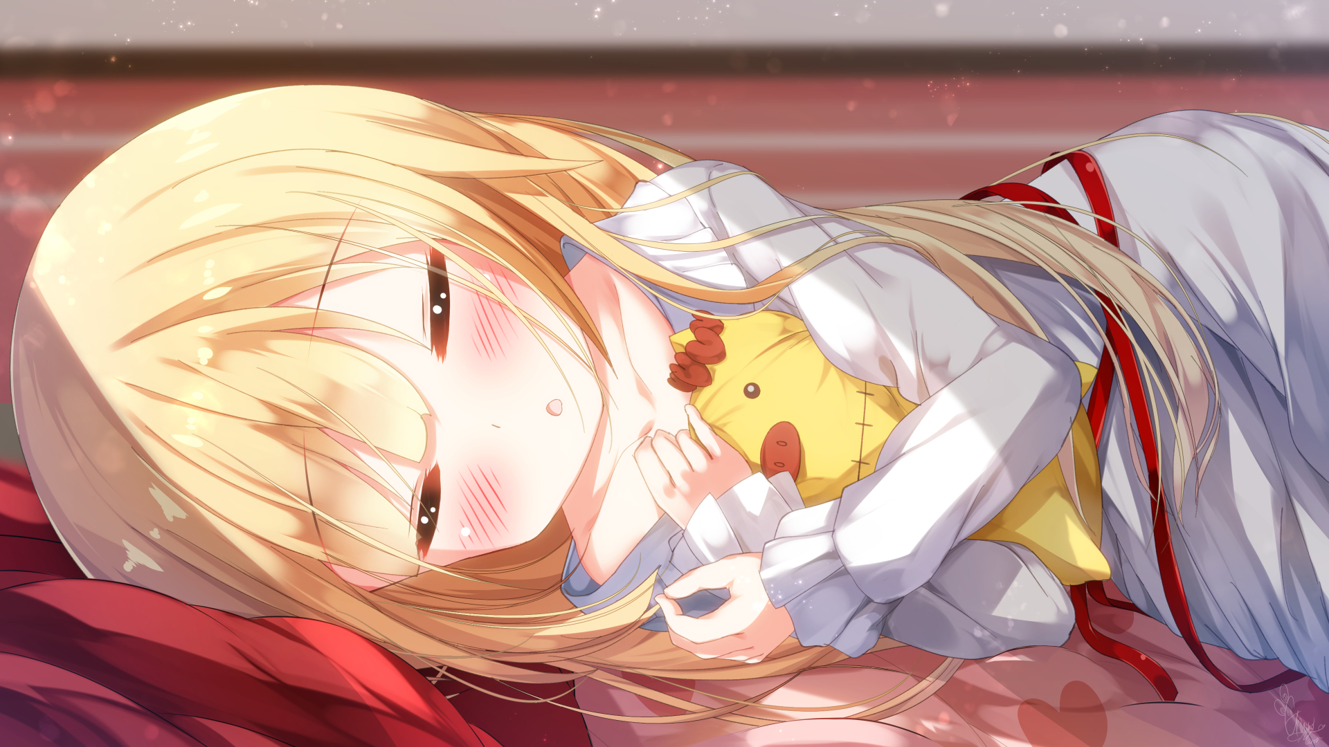 Anime 1920x1080 anime anime girls Hololive Virtual Youtuber Akai Haato blushing blonde closed eyes sleeping lying on side