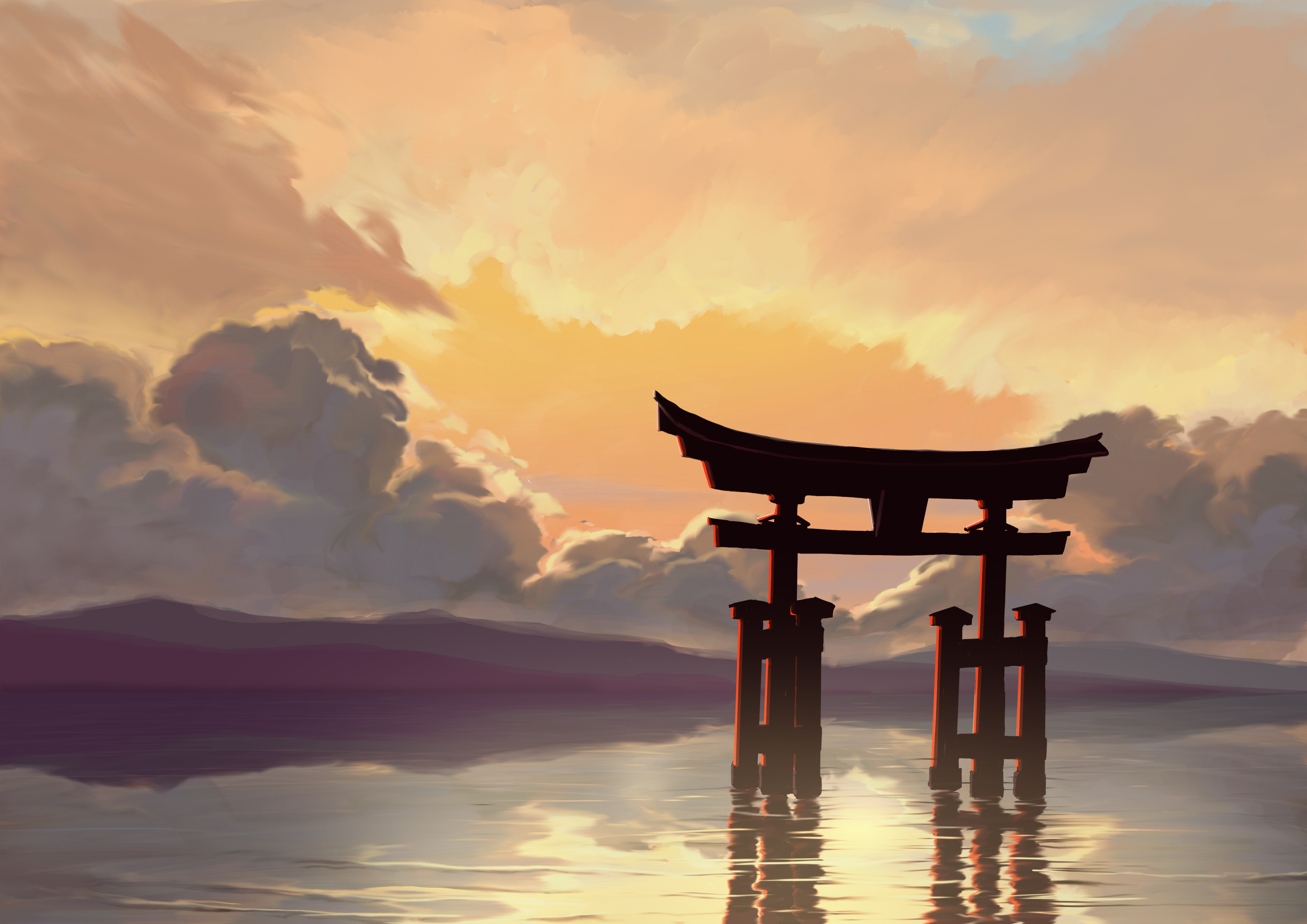 General 3508x2480 digital art torii lake landscape mountains clouds