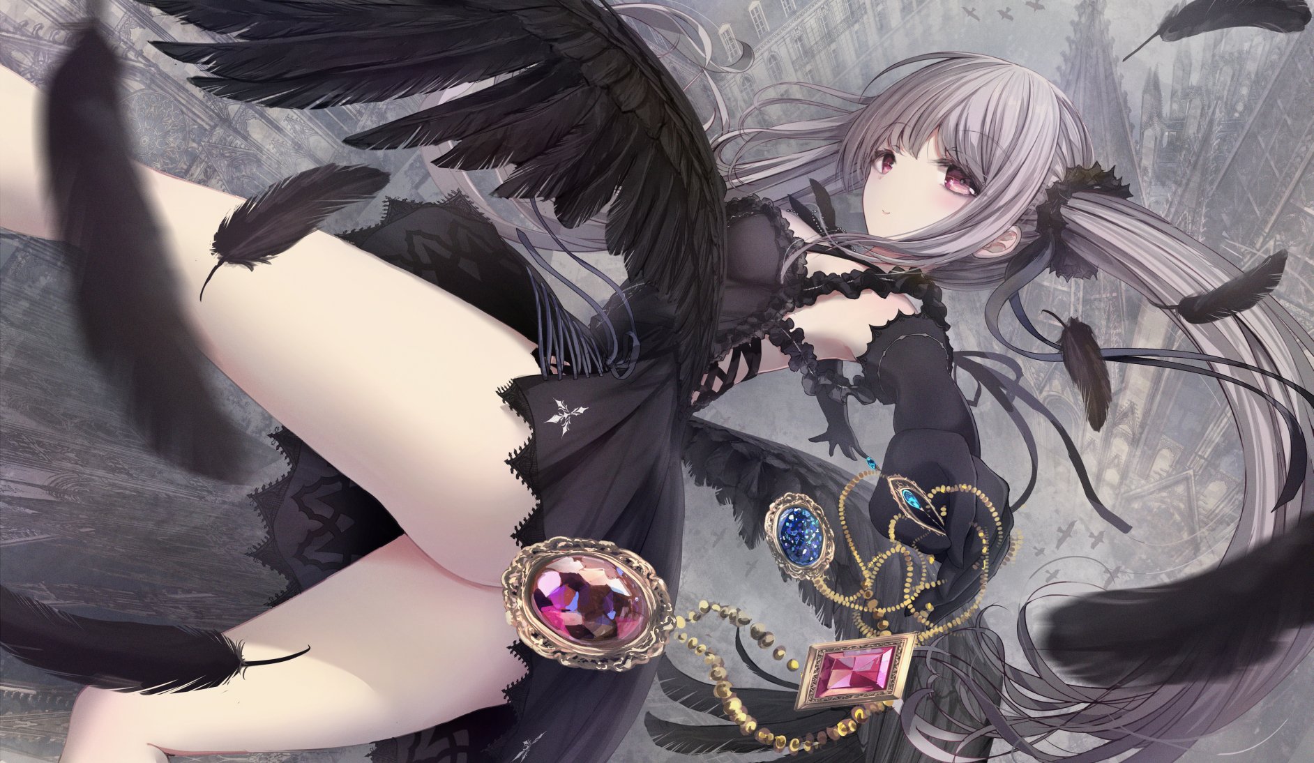 Anime 1884x1094 anime anime girls original characters dress jewel missile228 ass thighs gray hair twintails red eyes lolita fashion wings feathers jewelry