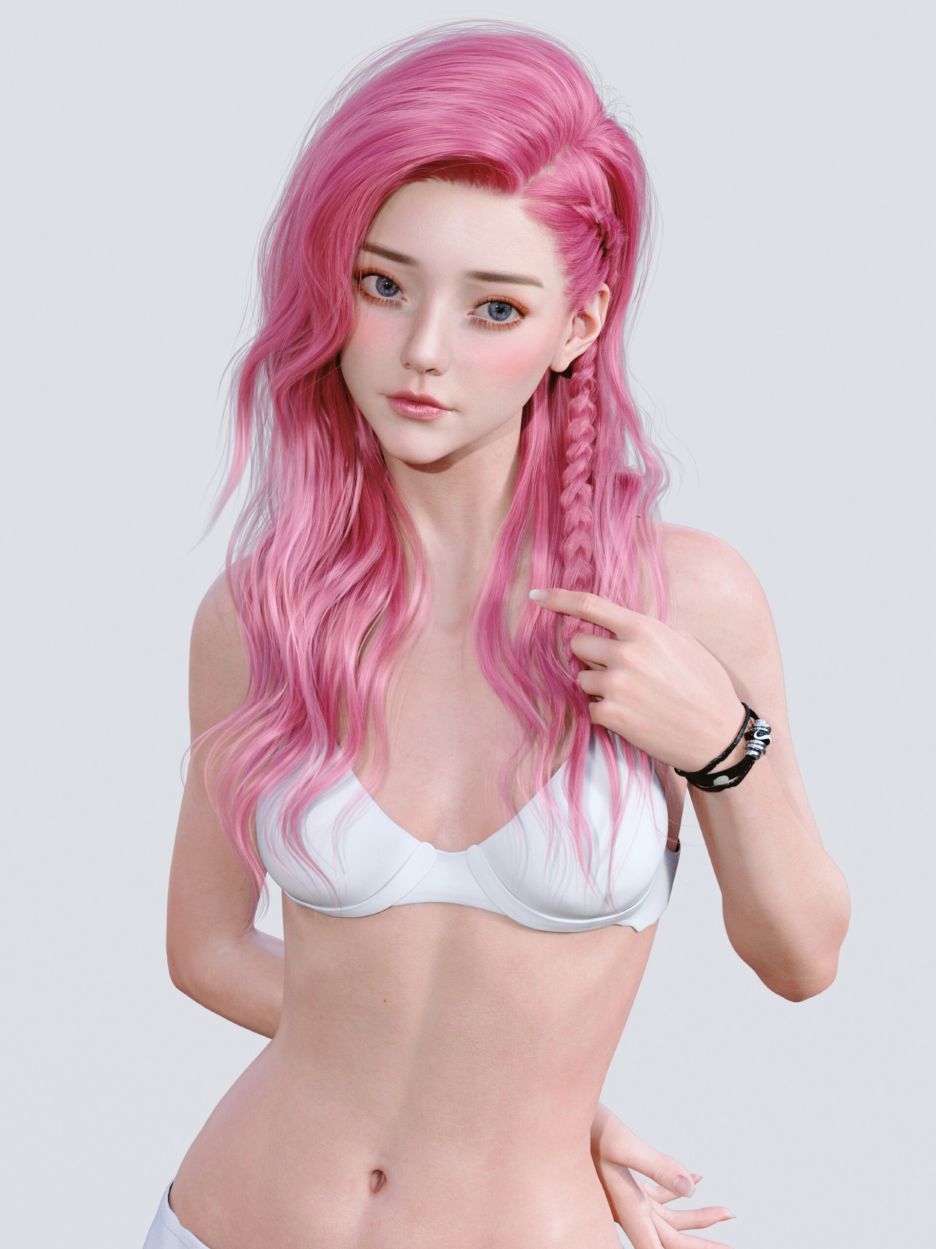 General 1920x2560 Chen Wang CGI women pink hair long hair braids bra blushing simple background white background