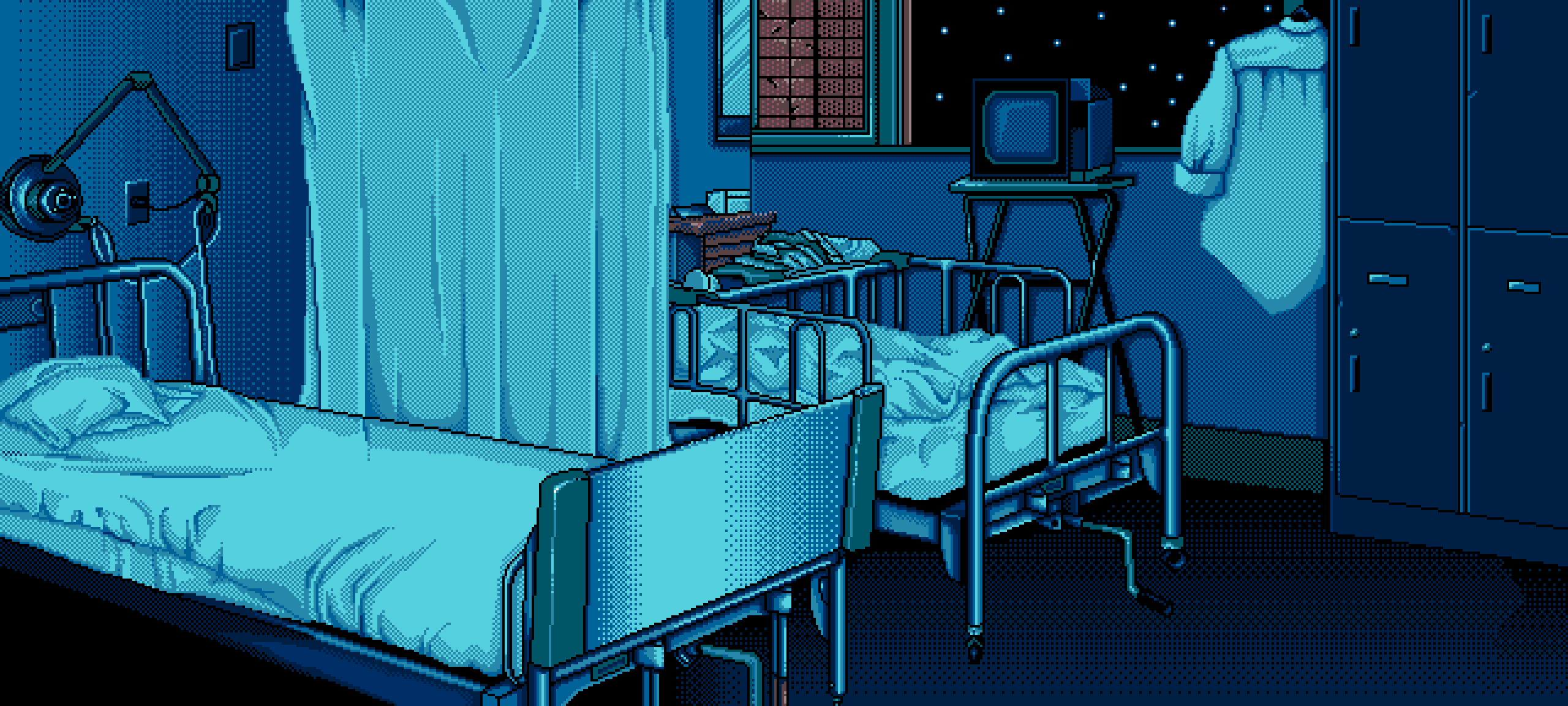 General 2560x1152 pixel art artwork hospital night bed dark blue