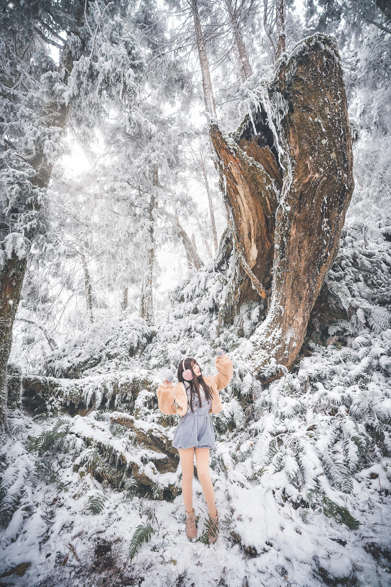 People 1365x2048 Asian women model outdoors women outdoors trees Asia plants cold winter snow standing