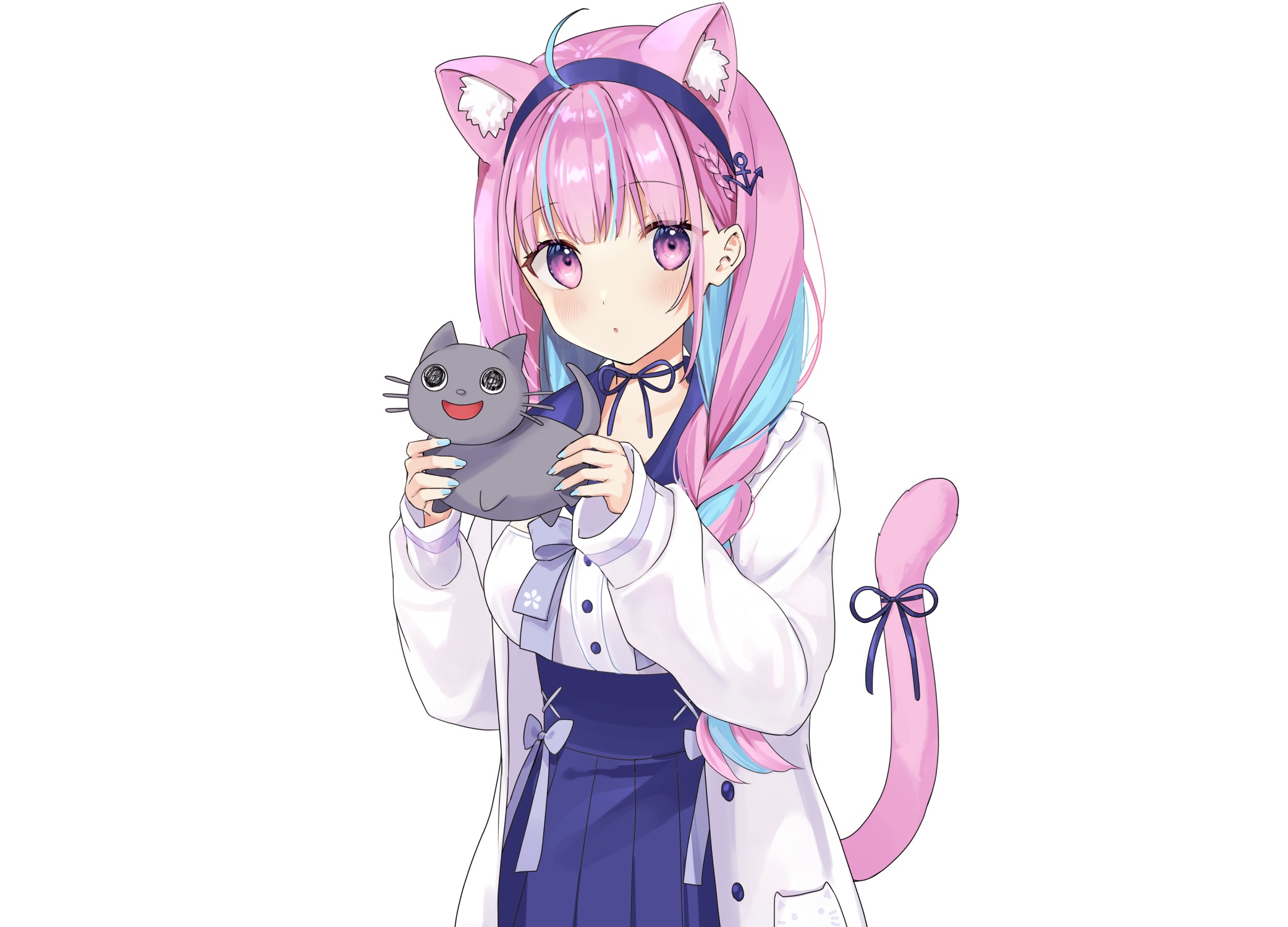 Anime 2084x1500 animal ears blushing purple eyes purple hair tail cat girl anime girls Rimo Hololive Minato Aqua