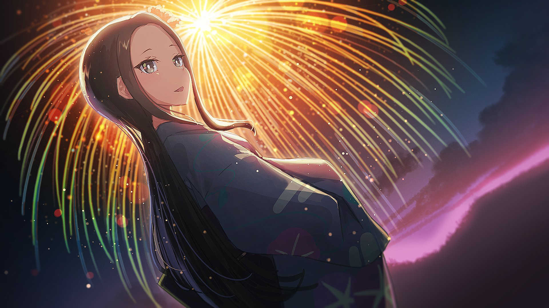 Anime 1920x1080 anime anime girls original characters kimono Japanese clothes fireworks night long hair dark hair
