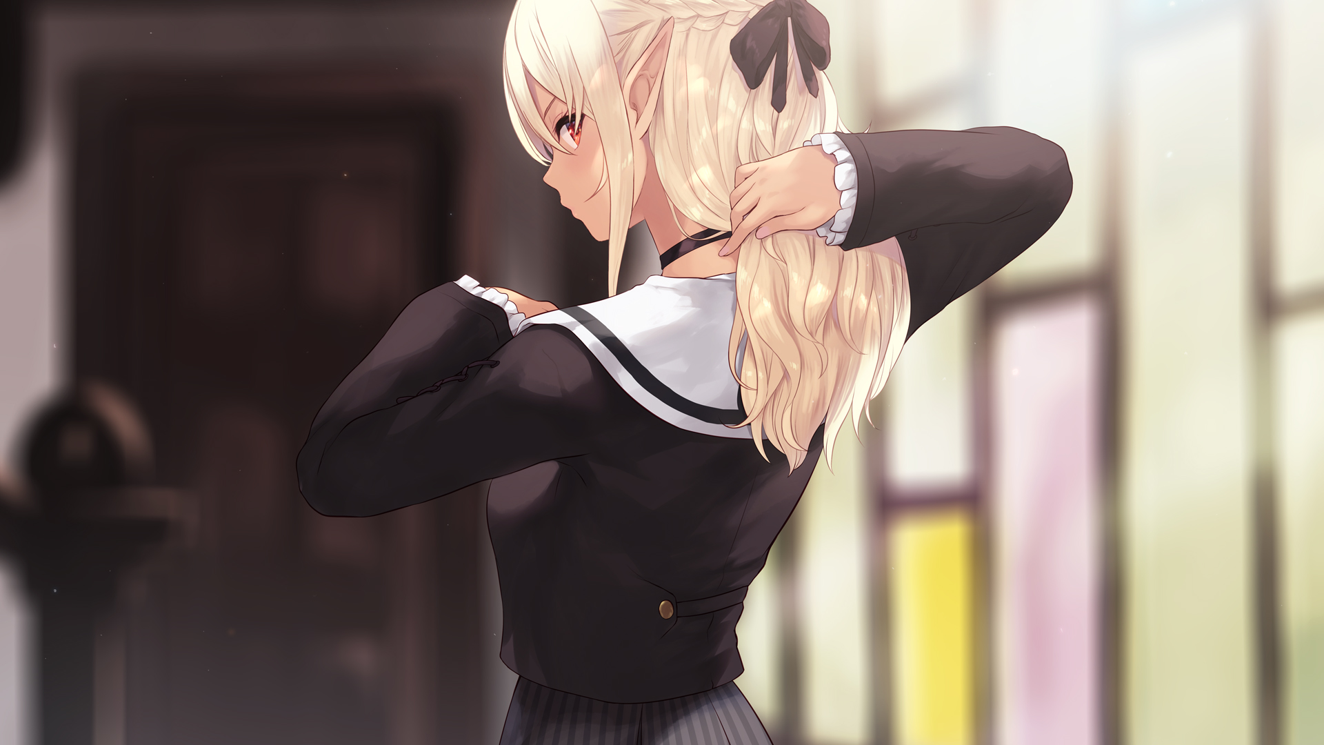 Anime 1920x1080 anime anime girls pointy ears Hololive Virtual Youtuber blonde Shiranui Flare dark elf Cait Aron dark skin red eyes long hair women standing Pixiv rear view looking over shoulder