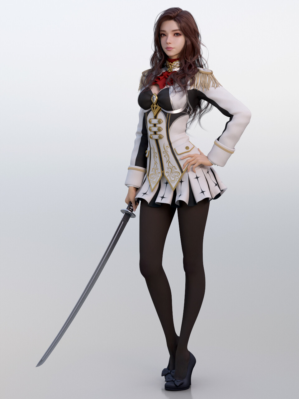 General 960x1280 Shin JeongHo CGI women brunette long hair wavy hair hands on hips weapon sword simple background