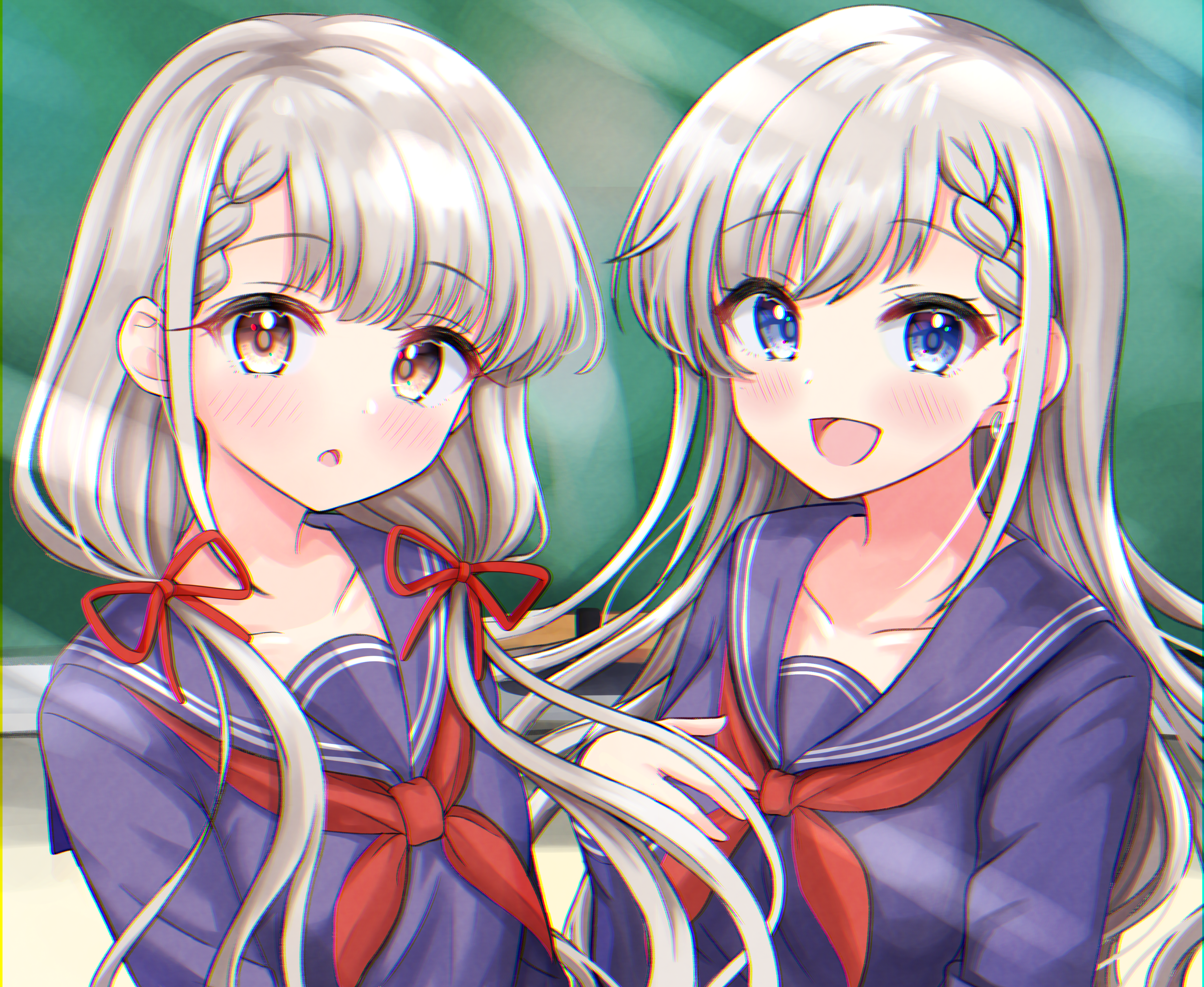 Anime 3457x2833 anime anime girls THE iDOLM@STER THE iDOLM@STER: Cinderella Girls Hisakawa Hayate Hisakawa Nagi long hair gray hair twins two women artwork digital art fan art school uniform