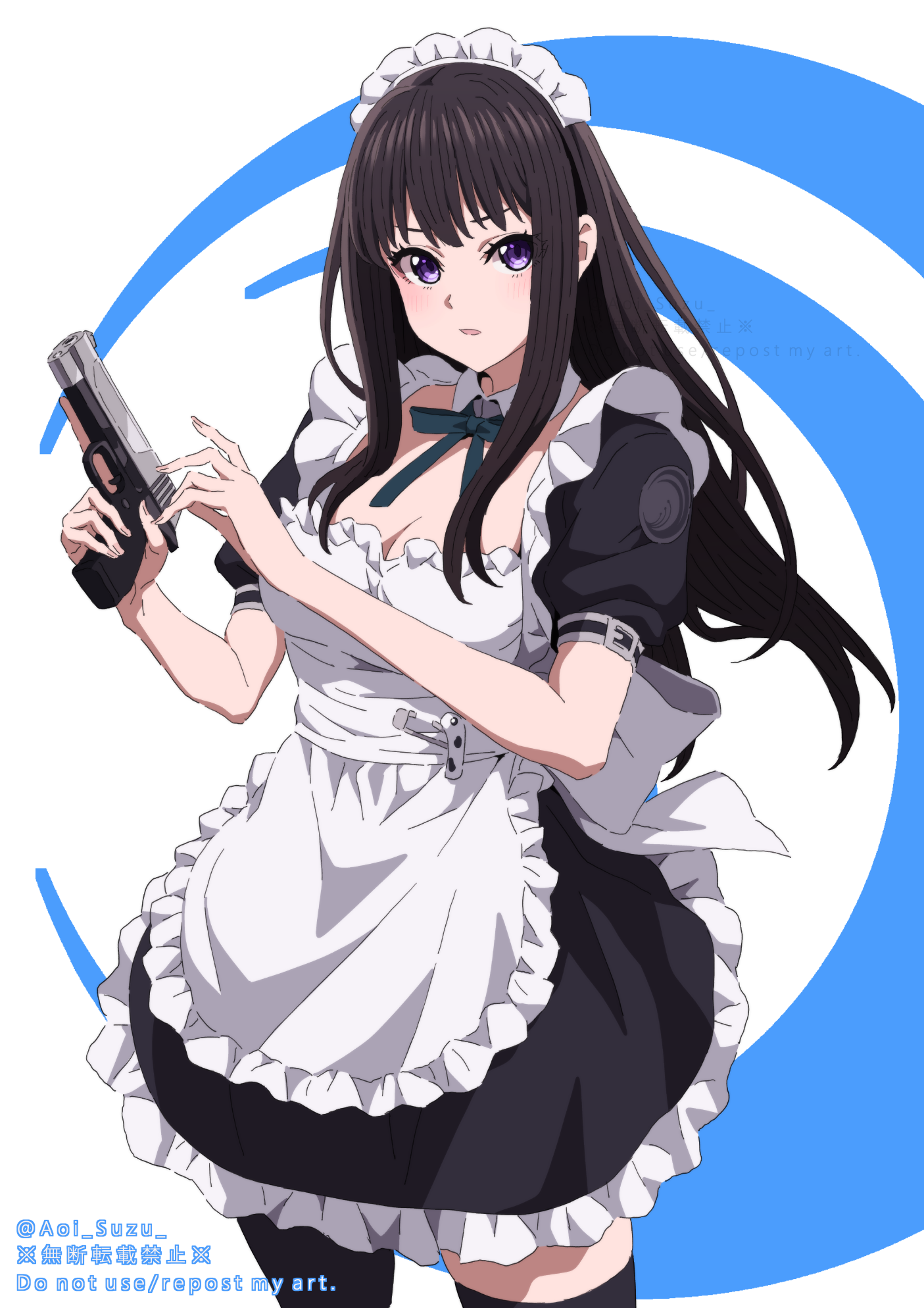 Anime 1405x1988 anime anime girls Lycoris Recoil Inoue Takina long hair black hair solo artwork digital art fan art maid outfit gun girls with guns Japanese