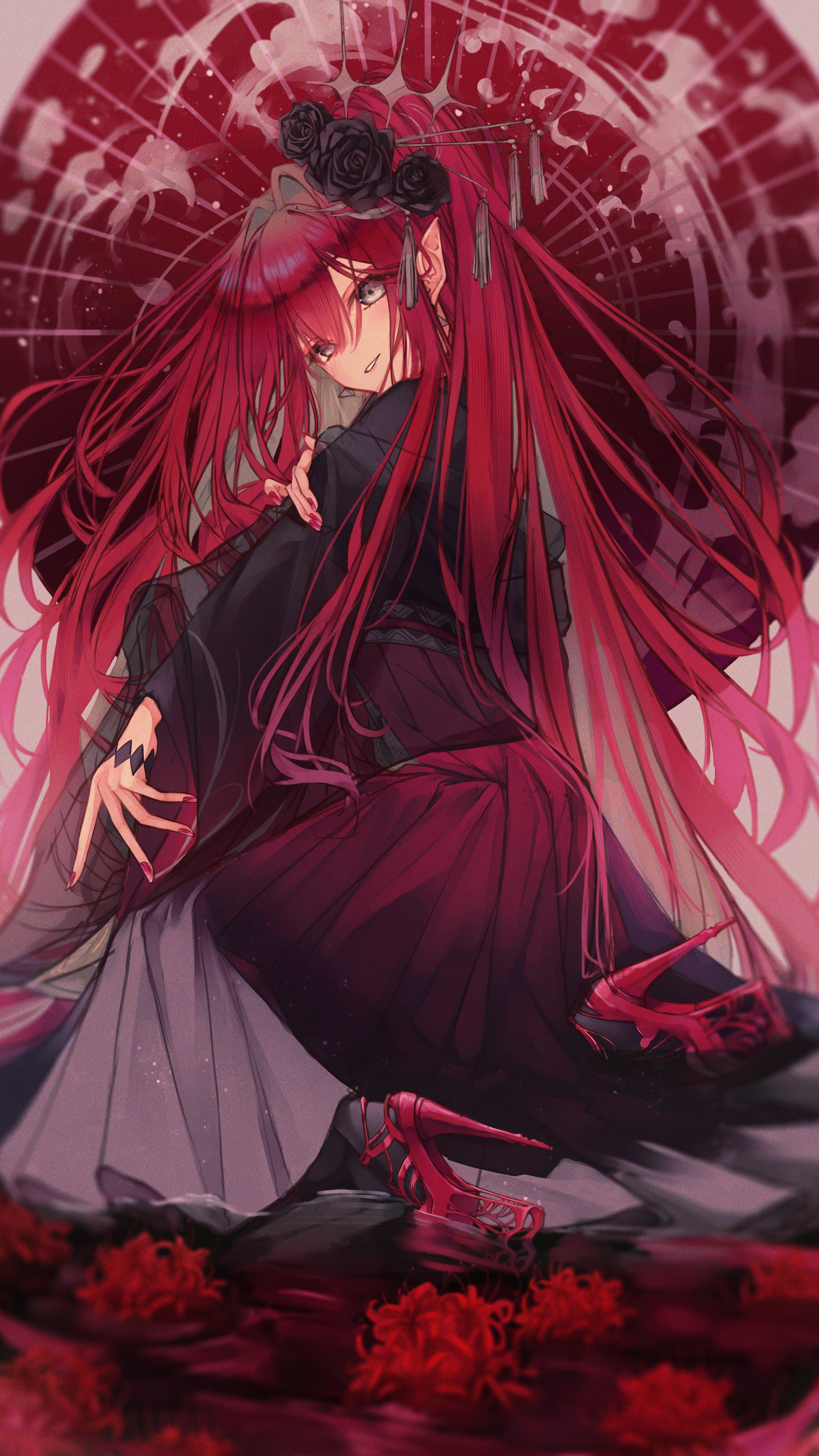 Anime 2480x4409 Fate series Fate/Grand Order Baobhan Sith anime girls redhead flowers heels umbrella pointy ears