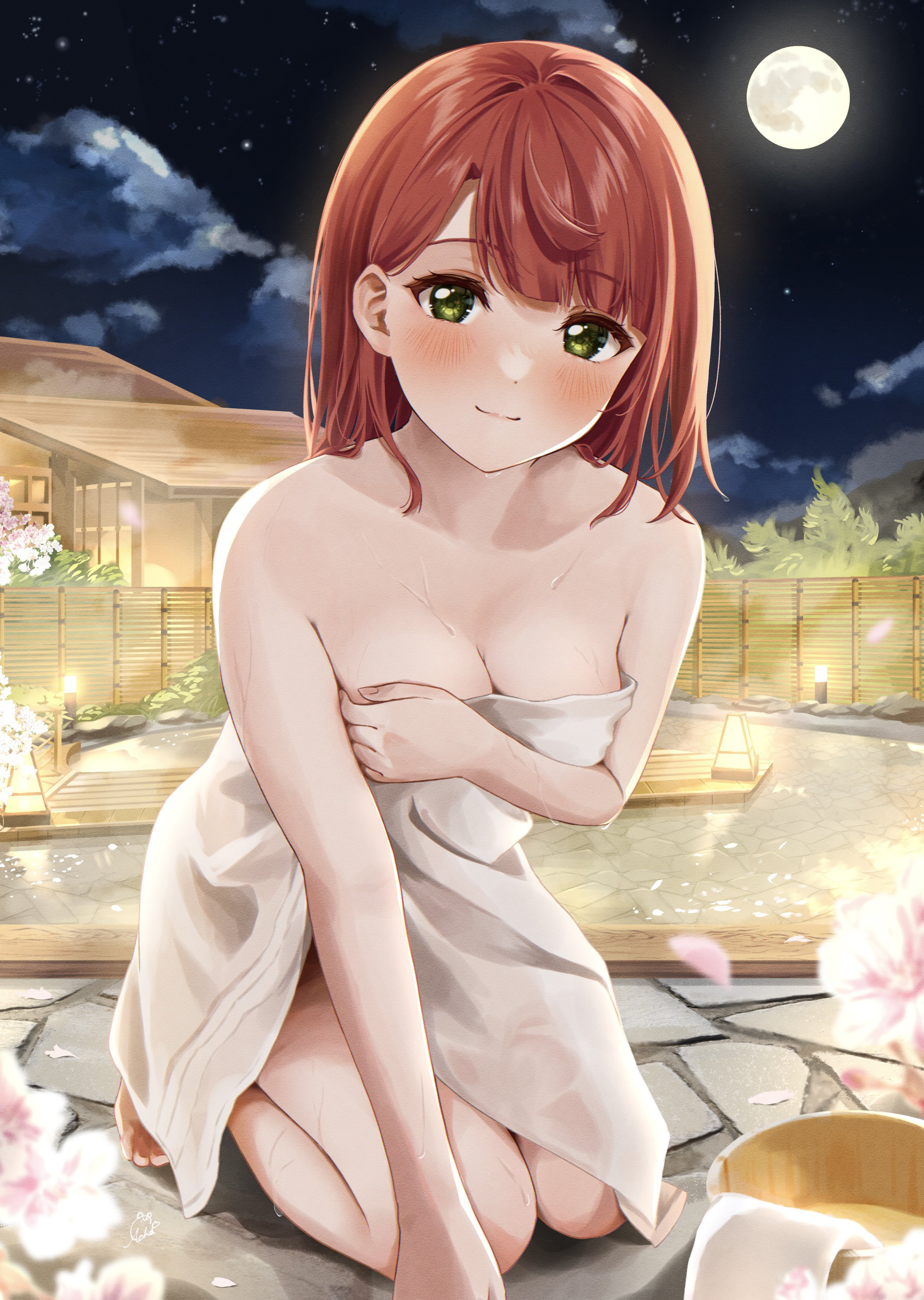 Anime 2612x3675 anime anime girls redhead Moon cleavage water hot spring towel blushing Love Live!