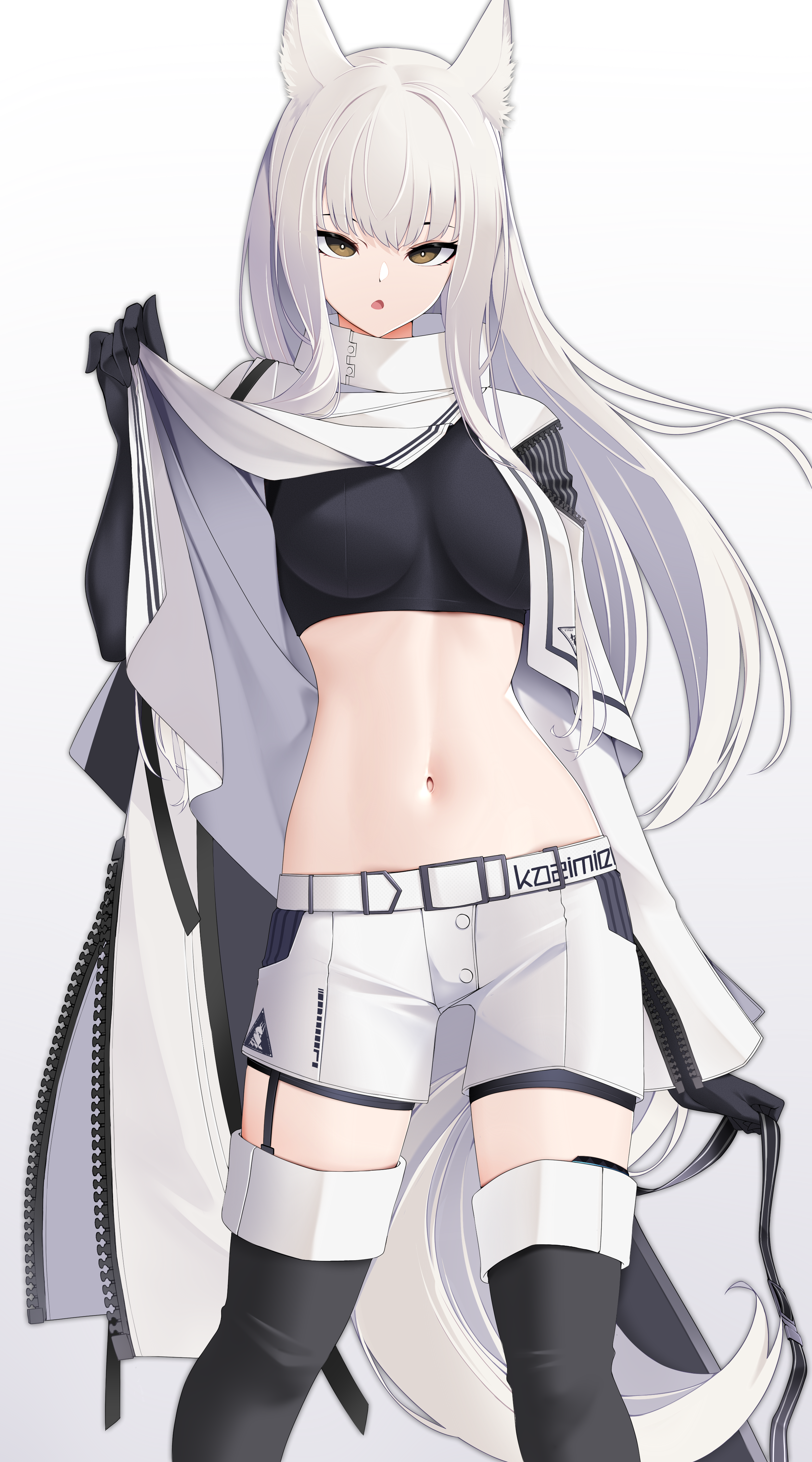 Anime 2500x4500 Arknights Platinum (Arknights) animal ears coats looking at viewer belly simple background white background thigh-highs shorts