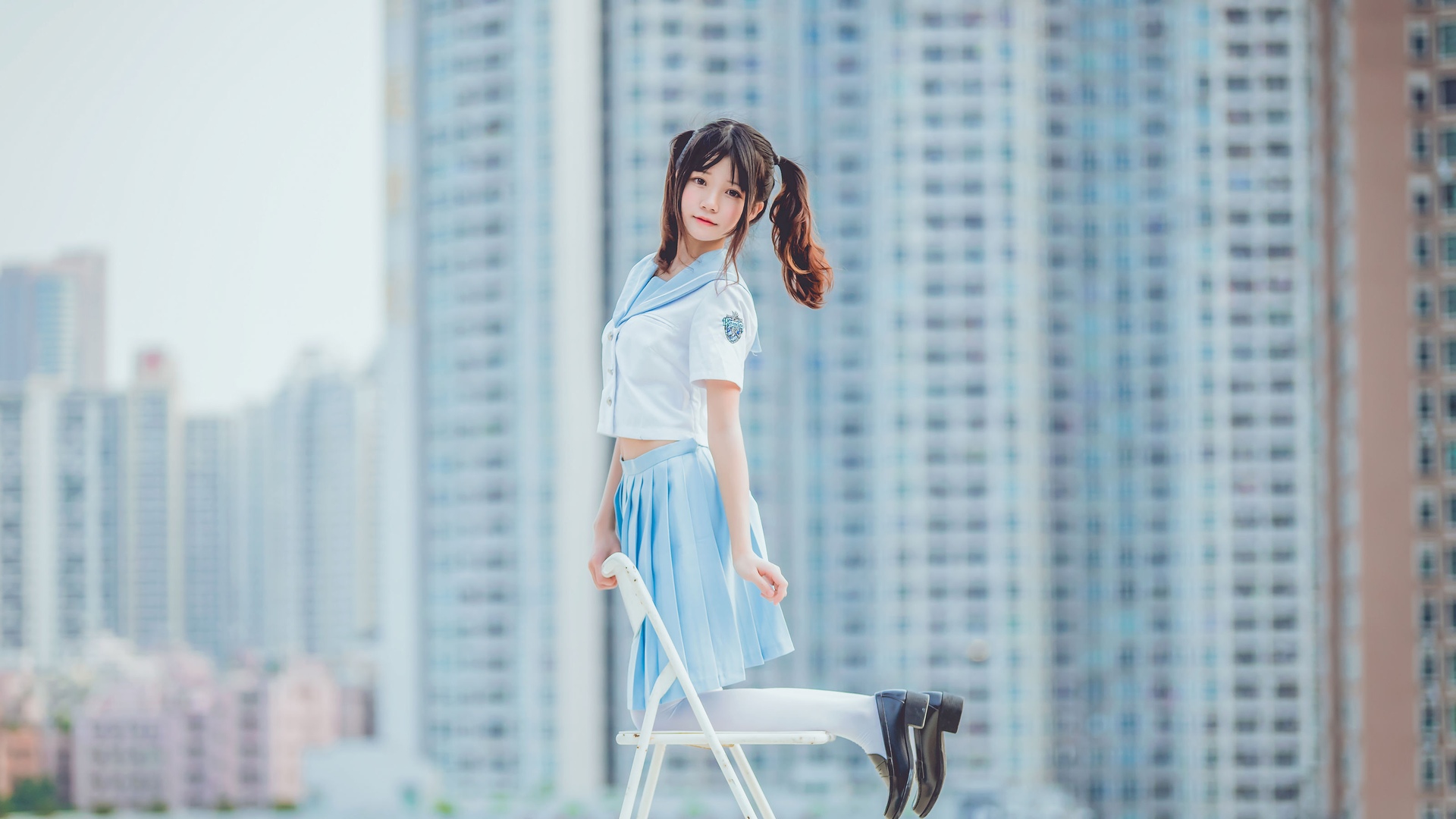 People 1920x1080 CherryNeko women model Asian school uniform women outdoors urban twintails white stockings