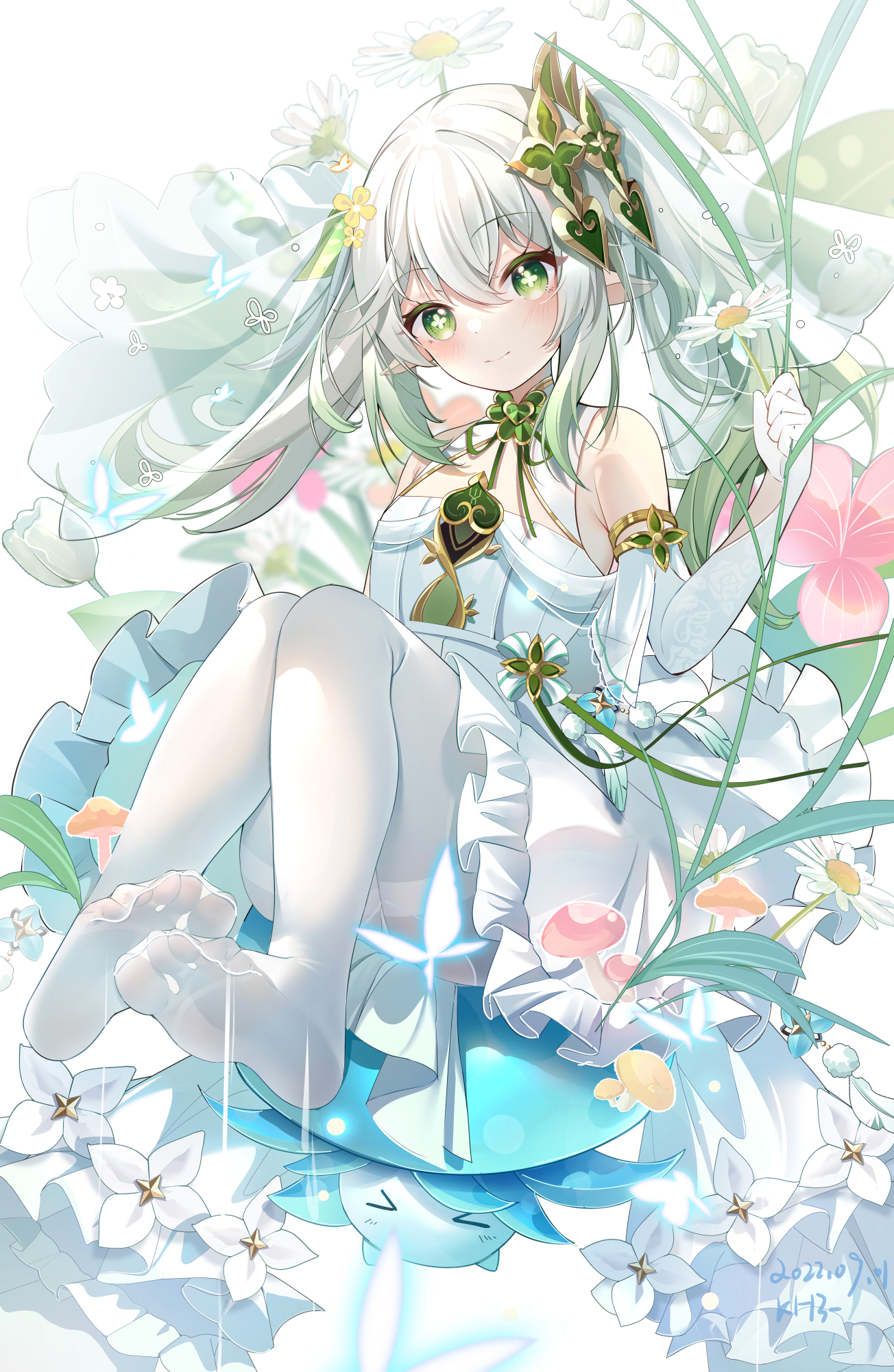Anime 1304x2000 Genshin Impact artwork Nahida (Genshin Impact) anime anime girls white hair green eyes white dress pantyhose white pantyhose ponytail side ponytail pointy ears portrait display sitting frills hair between eyes looking at viewer smiling blushing closed mouth bare shoulders flowers gloves elbow gloves loli signature insect butterfly