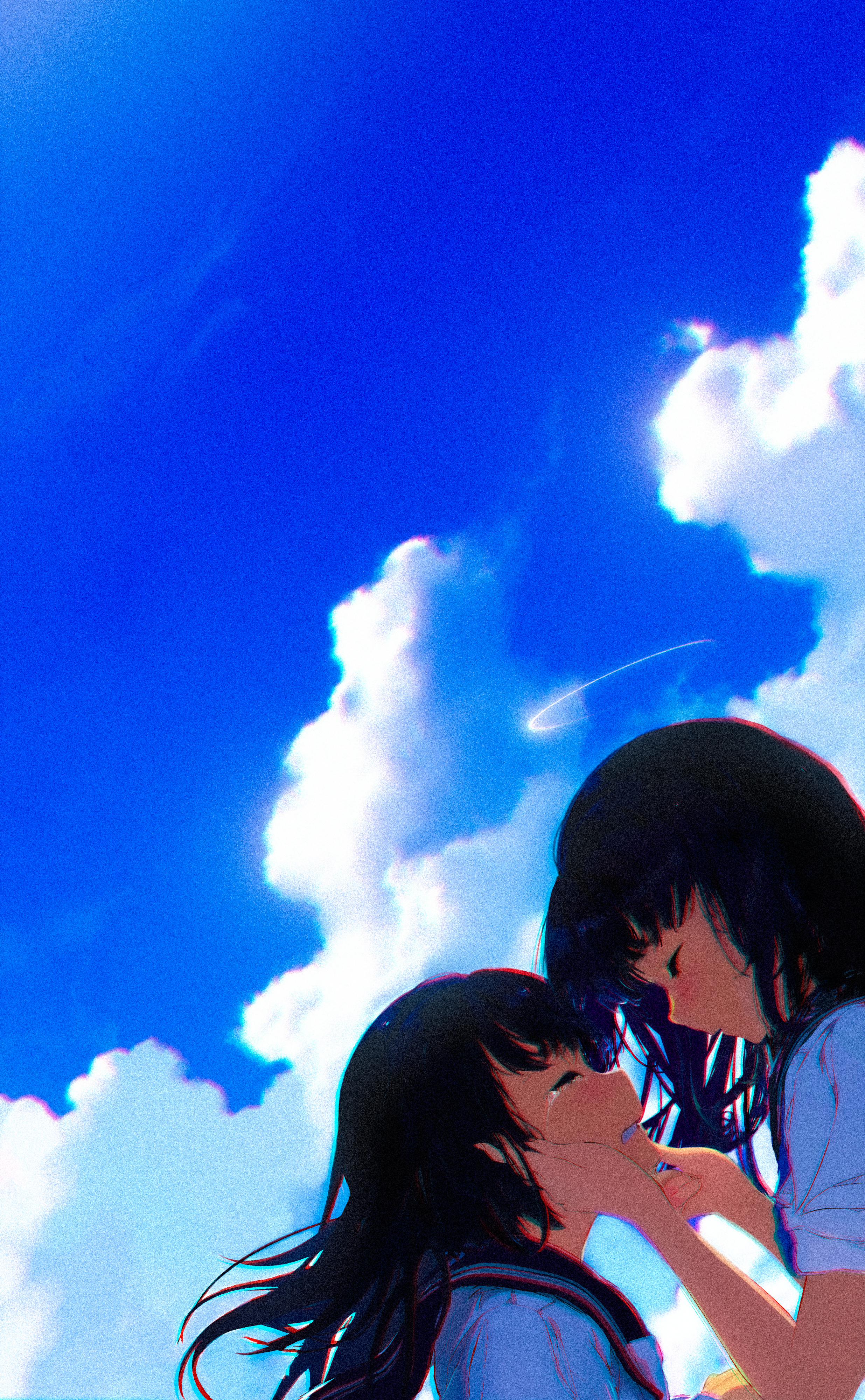 Anime 2471x4000 chromatic aberration crying sky school uniform anime girls tears clouds