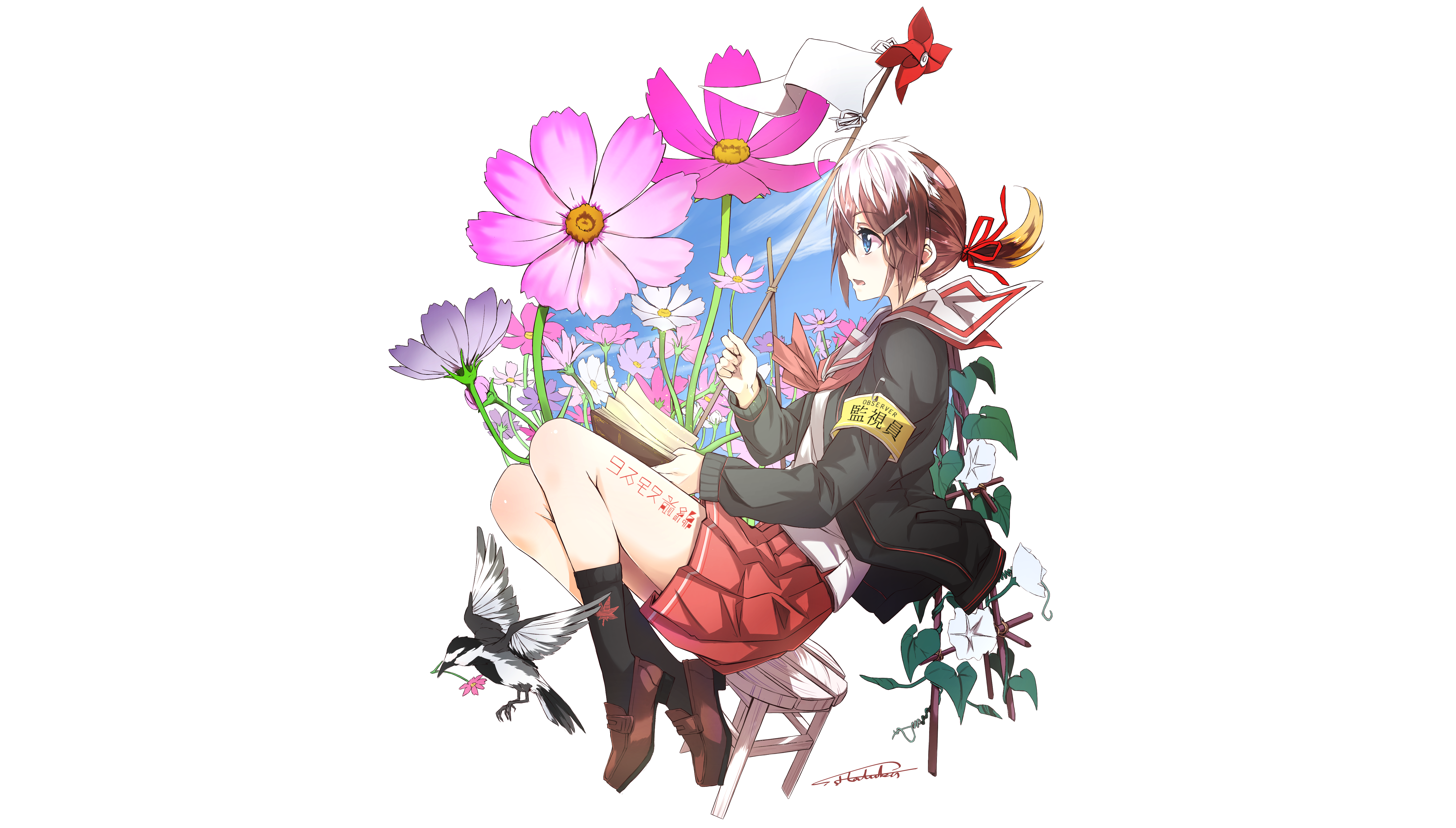 Anime 6182x3514 anime girls simple background flowers white background school uniform schoolgirl birds