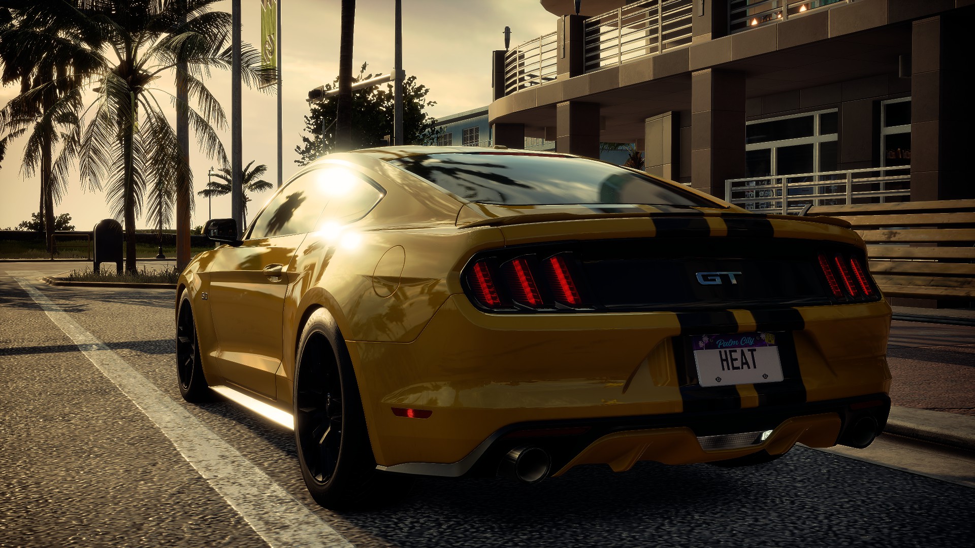 General 1920x1080 Ford Mustang muscle cars Need for Speed: Heat 4K street view city palm trees rear view taillights car Ford Mustang S550 Ford American cars video games Electronic Arts