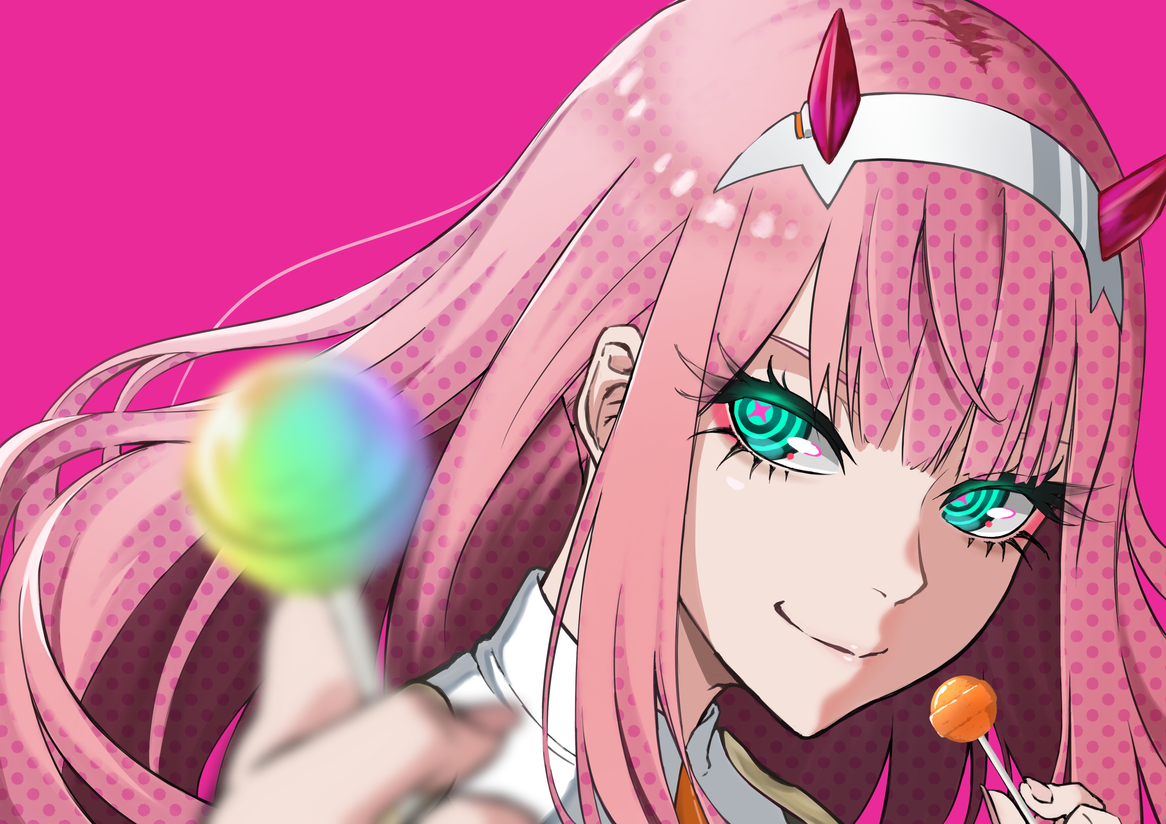 Anime 4093x2894 anime anime girls Zero Two (Darling in the FranXX) Darling in the FranXX lollipop pink hair horns pink unusual pupils uniform
