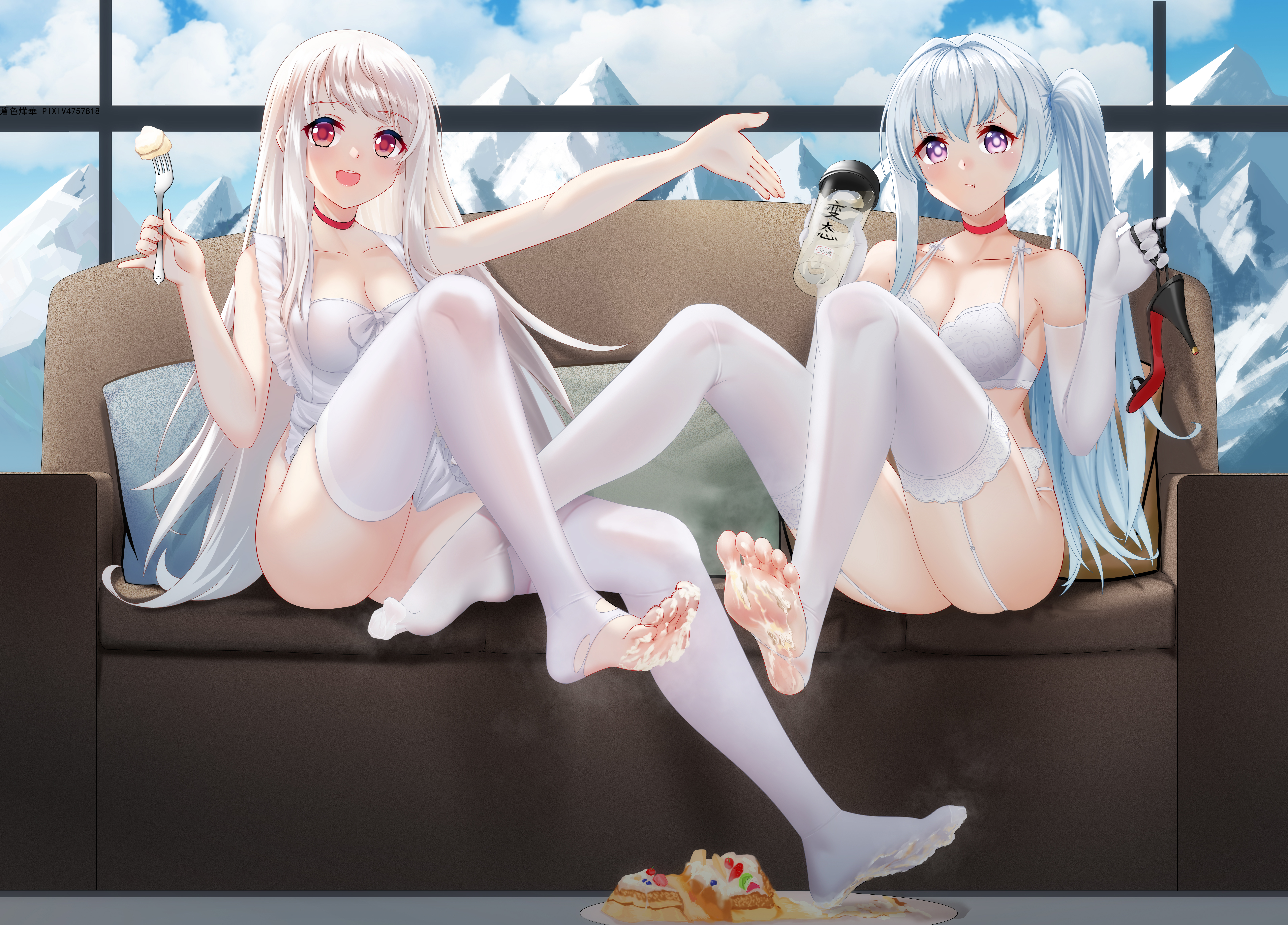 Anime 6482x4655 anime anime girls Hwcsonline artwork Zhanjian Shaonu underwear thigh-highs feet cake foot fetishism white lingerie partially clothed apron naked apron