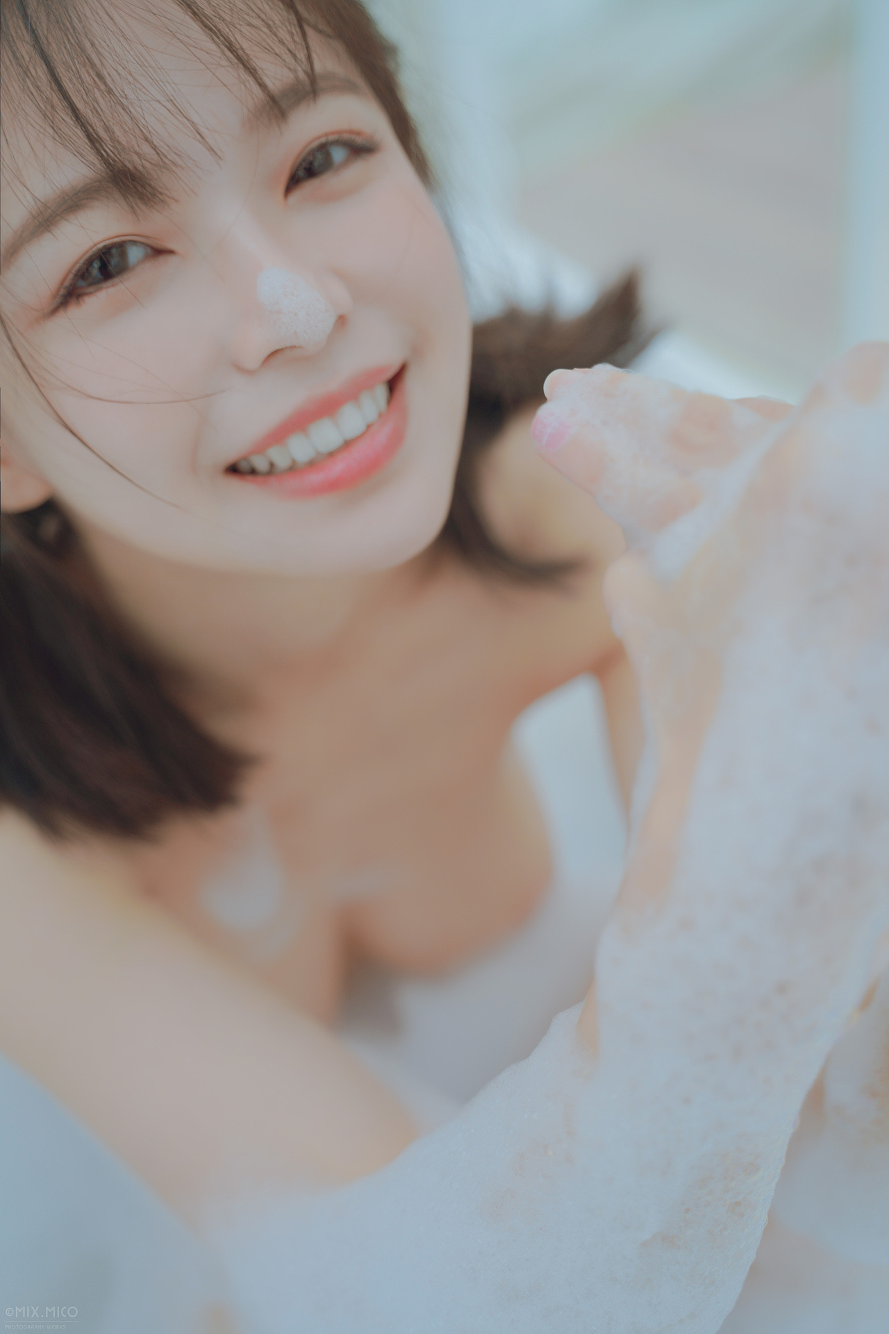 People 1280x1920 model Chinese model women Asian soap bubble baths bokeh implied nude pale