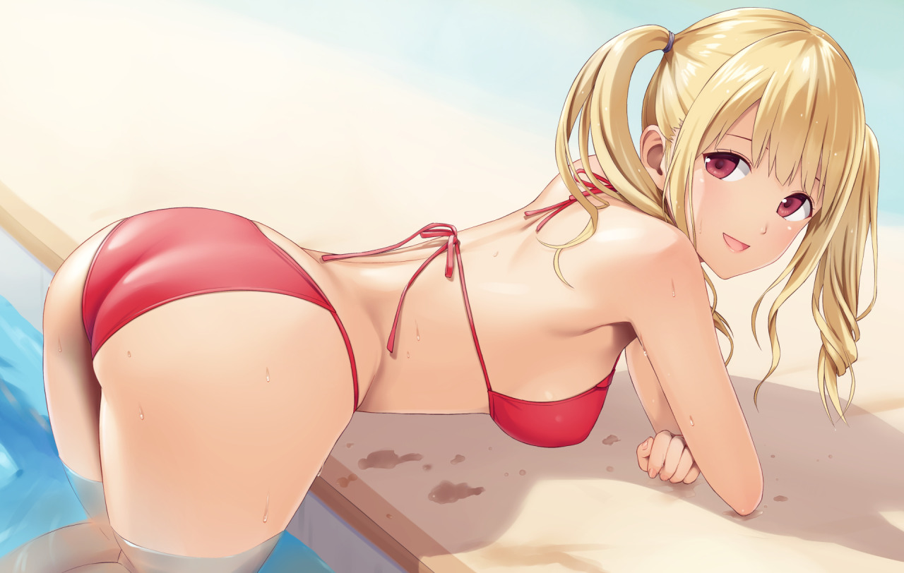 Anime 1280x812 red bikini blonde anime girls n.g.  twintails red eyes bikini bent over ass back smiling