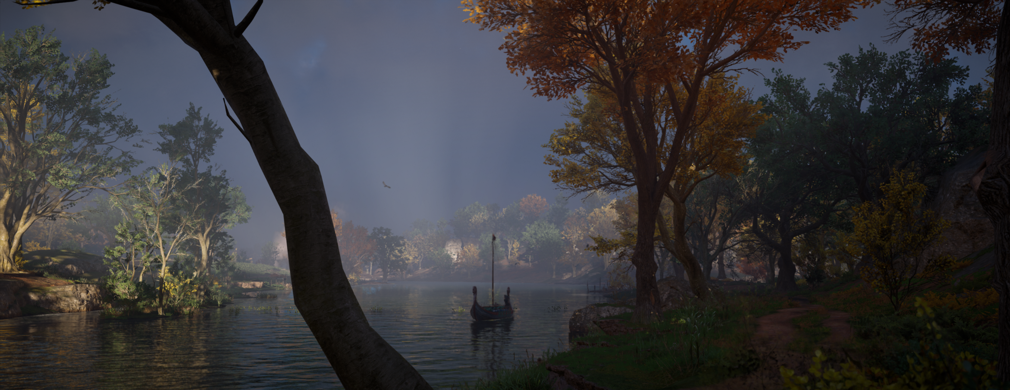 General 3440x1330 Assassin's Creed: Valhalla Assassin's Creed landscape water sky trees fall boat longships PC gaming video games video game landscape