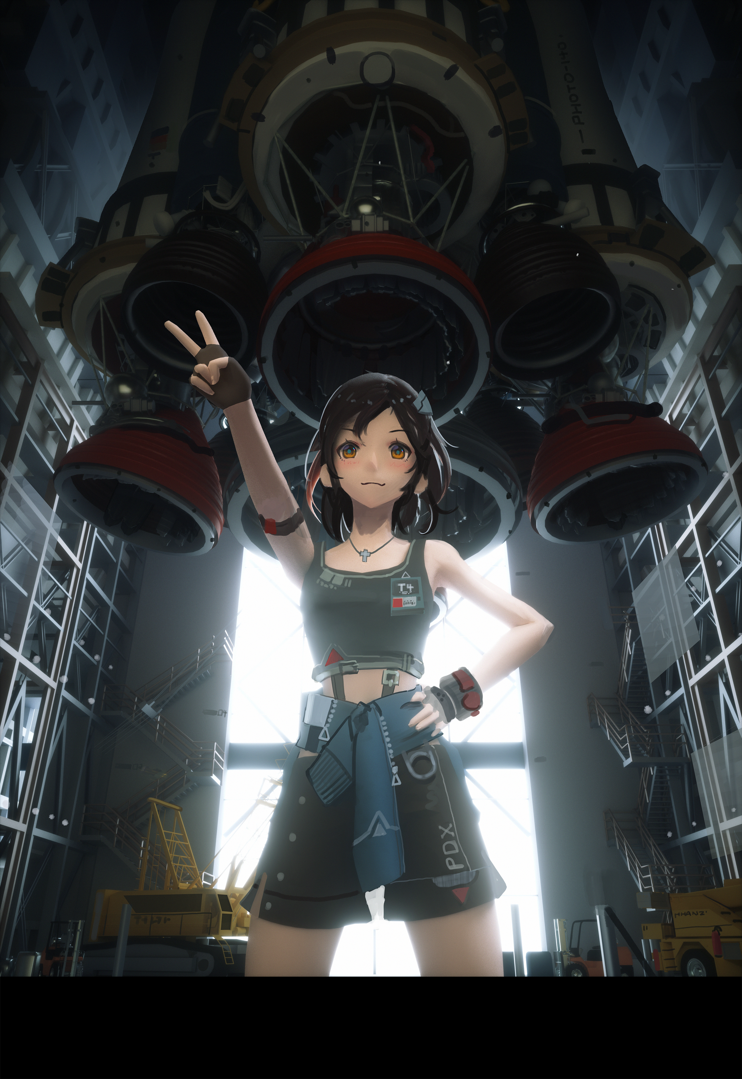 Anime 2560x3723 T5 anime girls science fiction rocket science fiction women anime hand gesture brunette standing hands on hips Pixiv