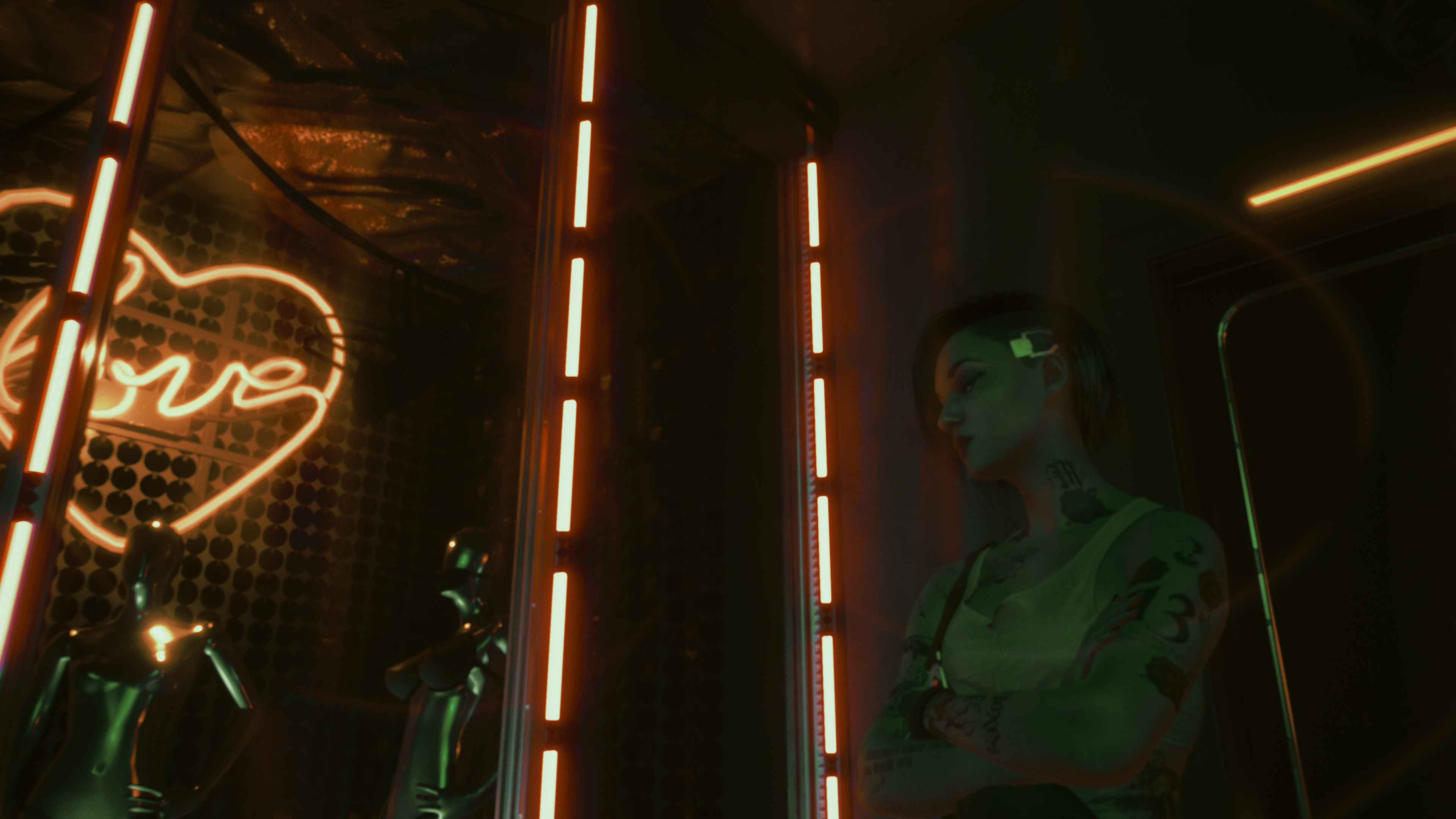General 3840x2160 Cyberpunk 2077 video games Judy Alvarez neon underground tattoo rose lights microchip cyber science fiction futuristic futuristic city people reflection relaxing punk video game characters