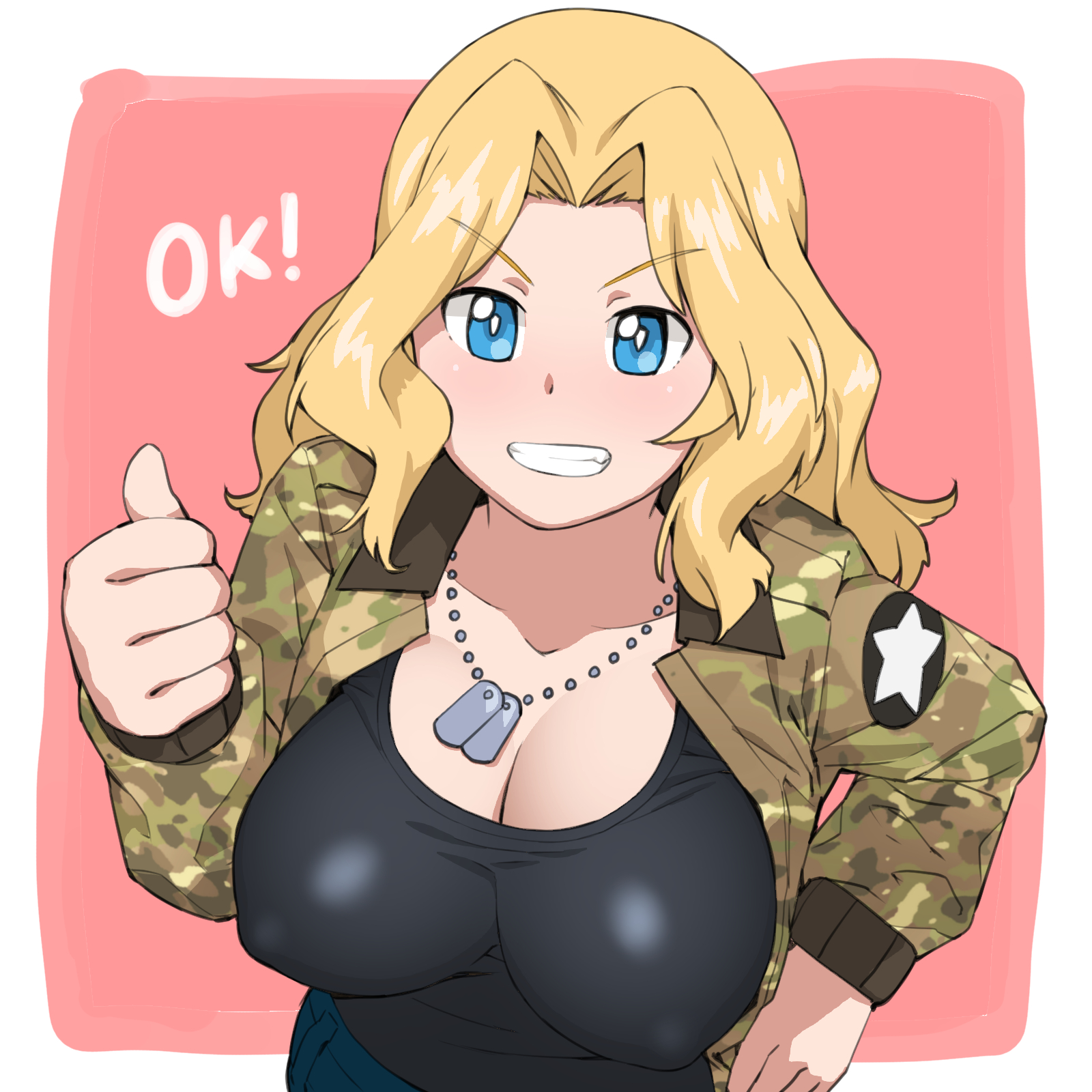 Anime 1600x1600 Onsen Tamago Girls und Panzer boobs big boobs tight clothing nipple bulge thumbs up no bra