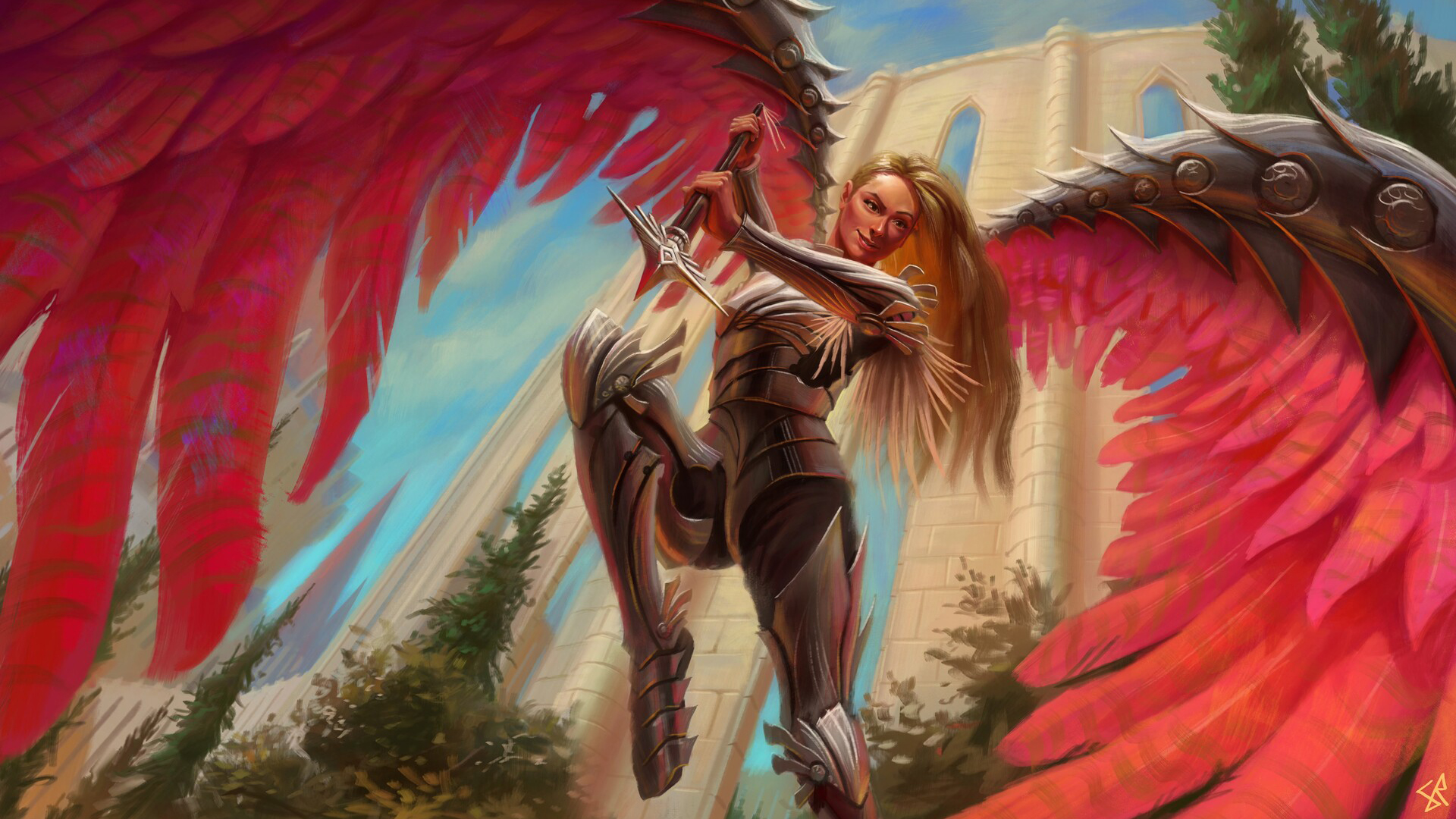 General 1920x1080 long hair wings armor blonde low-angle fantasy armor women spear