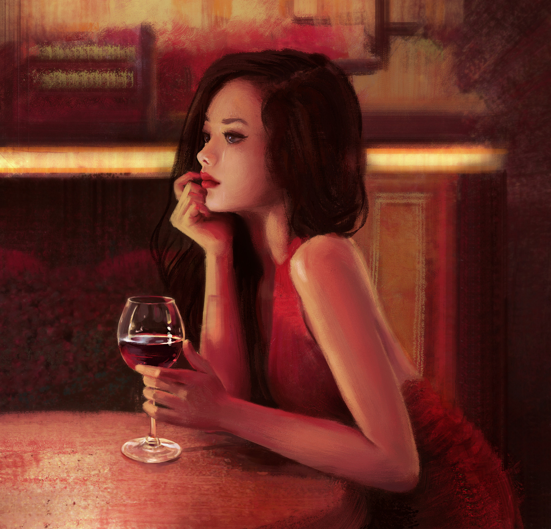 General 1800x1728 Mandy Jurgens red wine wine glass wine crying fan art red clothing red dress dark hair digital painting looking into the distance hand on face digital art women artwork woman crying ArtStation