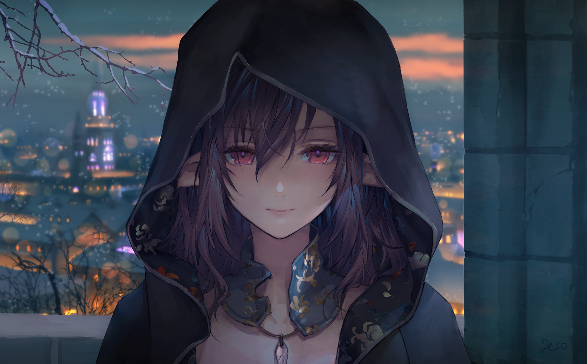 Anime 1996x1239 anime anime girls red eyes long hair looking at viewer city lights winter snow pillar cityscape pointy ears hoods Umiu Geso necklace artwork gemstone necklace elves
