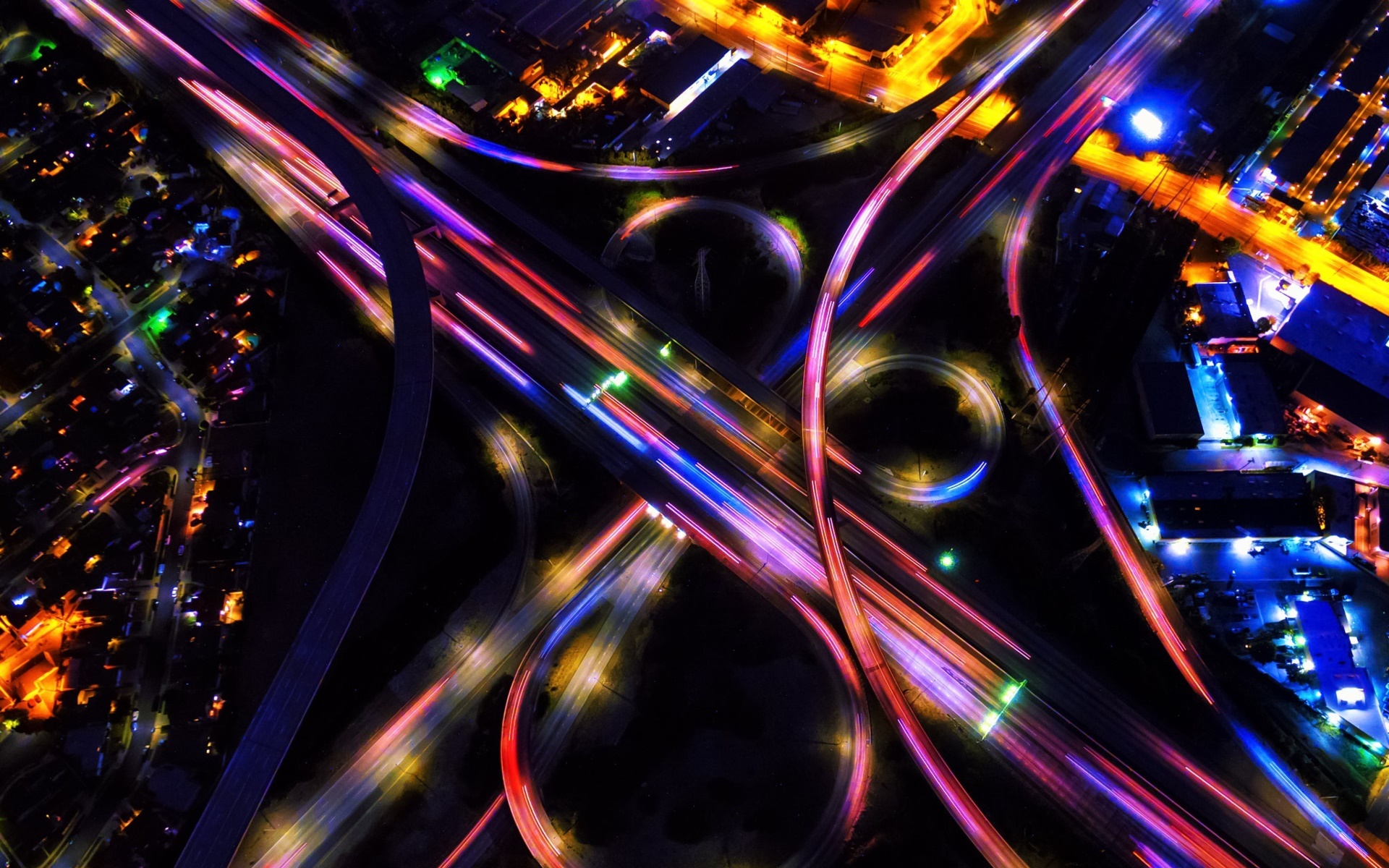 General 1920x1200 night city digital art traffic dark aerial view long exposure colorful