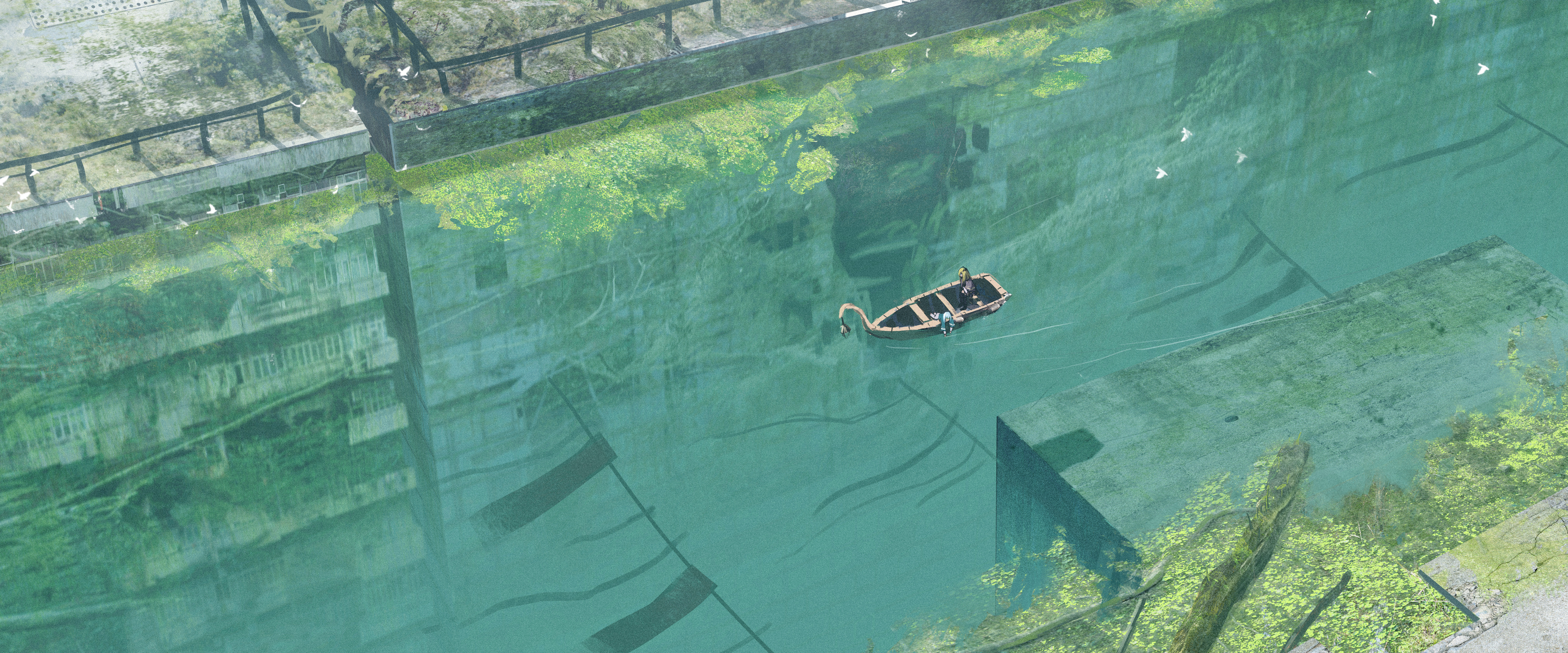 Anime 6000x2500 anime Asteroid (artist) water outdoors river boat vehicle reflection Pixiv