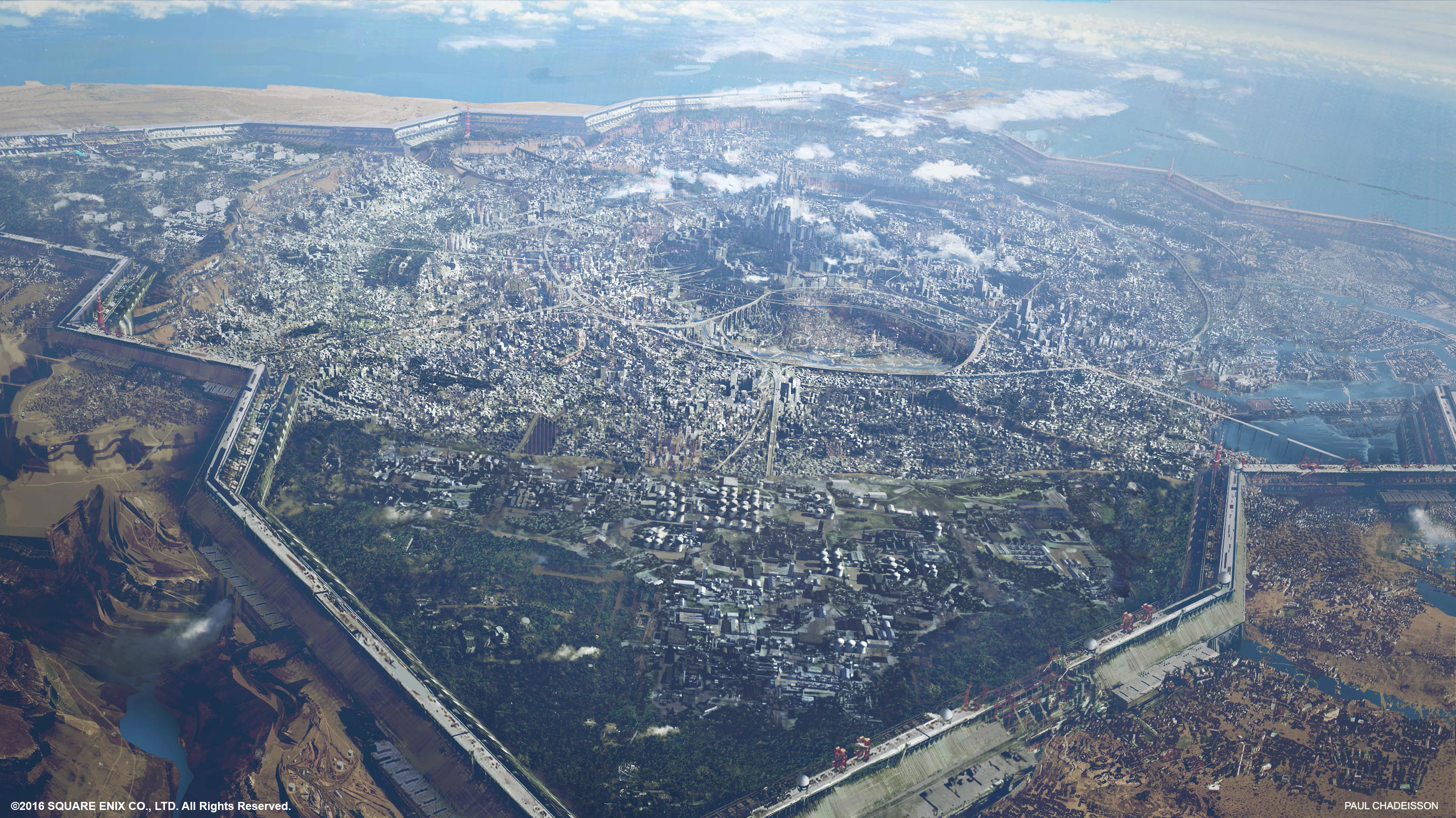 General 3072x1726 Paul Chadeisson aerial view city wall futuristic city desert river lake highway urban Final Fantasy Final Fantasy XV insomnia city Kingsglaive: Final Fantasy XV video games concept art skyscraper building forest clouds atmosphere matte painting sea canyon mountain chain construction construction site photoshopped radio tower silo digital painting Square Enix Kingdom of Lucis solar panel solar power bridge detailed details watermarked