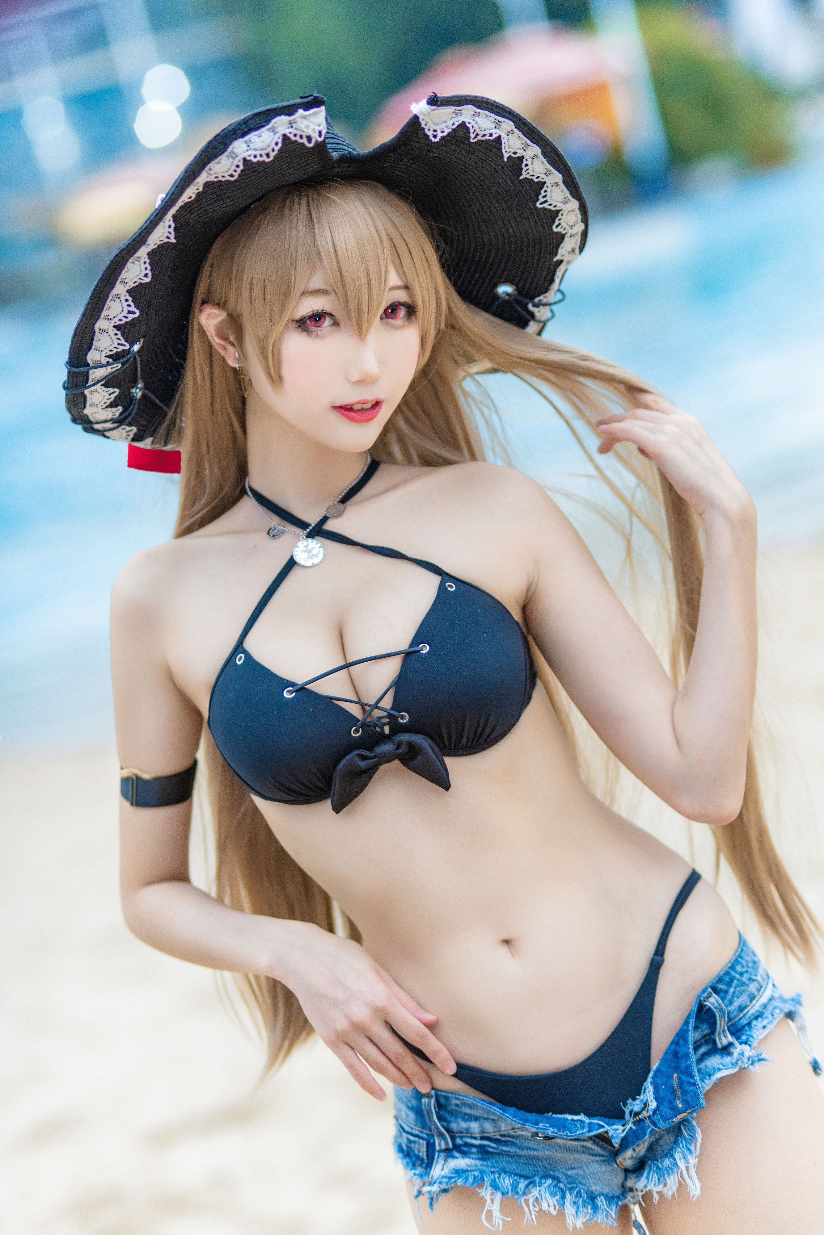 People 2667x4000 women model cosplay jean bart (azur lane) Azur Lane video game girls women with hats hat looking at viewer parted lips necklace bikini swimwear jean shorts high waisted shorts belly open shorts portrait display depth of field long hair outdoors women outdoors armlet touching hair frontal view Chinese black bras cleavage Asian Zhou Ji