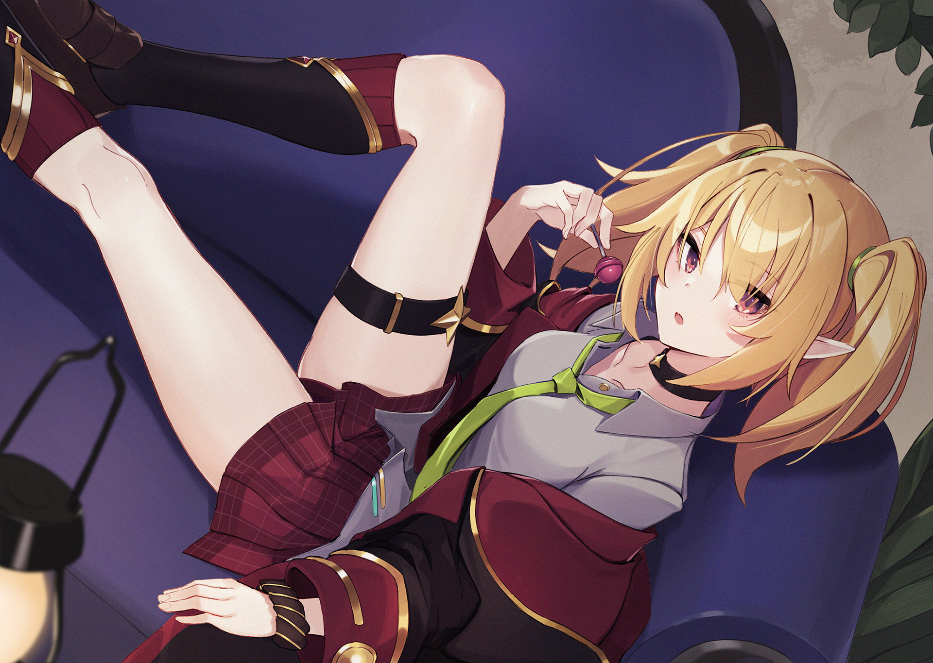 Anime 1920x1365 anime anime girls digital art artwork 2D Ranyu Princess Connect Re:Dive Chloe (Princess Connect) pointy ears twintails blonde red eyes lollipop couch miniskirt