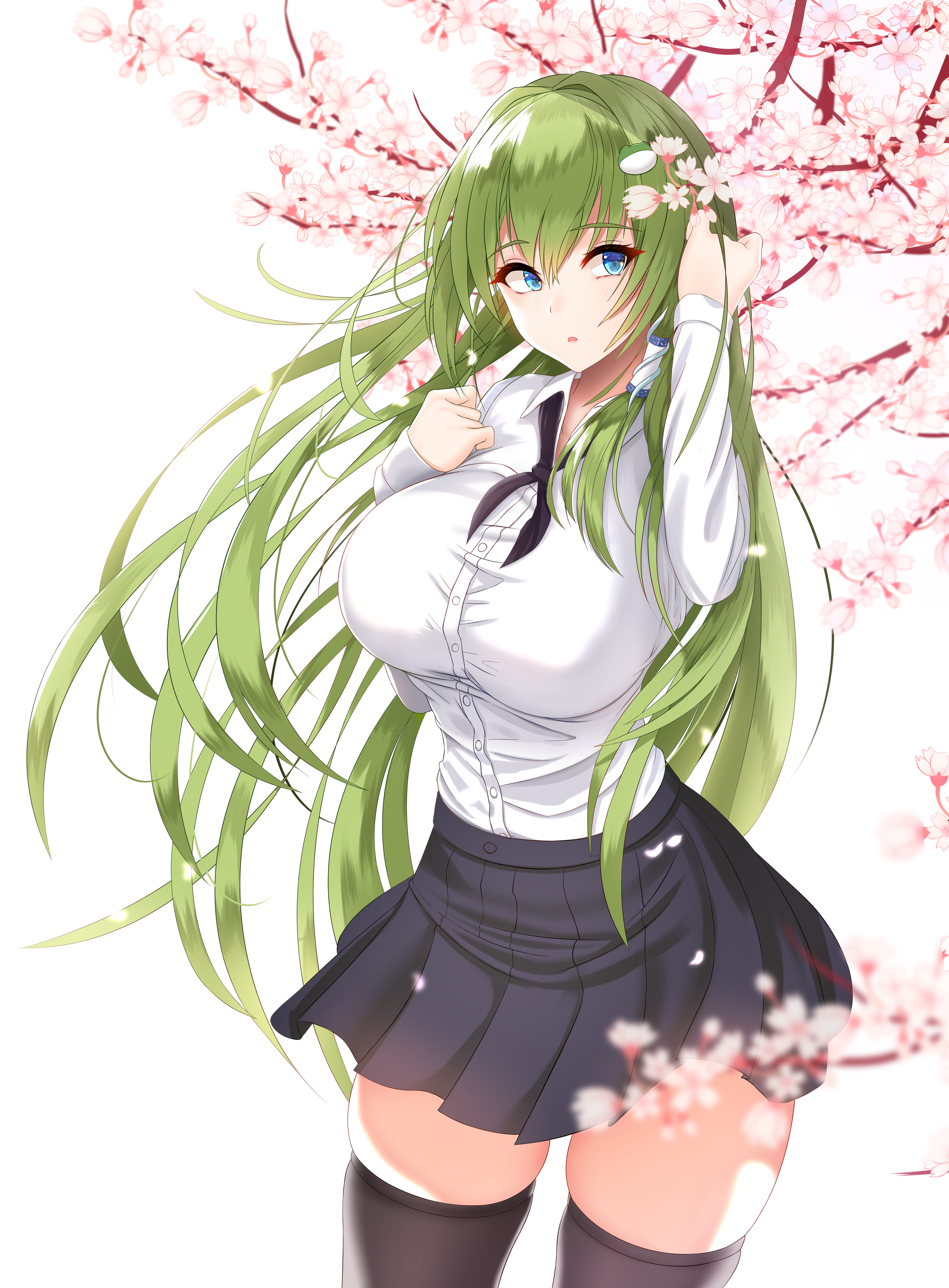Anime 4961x6732 anime girls Touhou Kochiya Sanae Damao Yu green hair long hair skirt black stockings cherry blossom